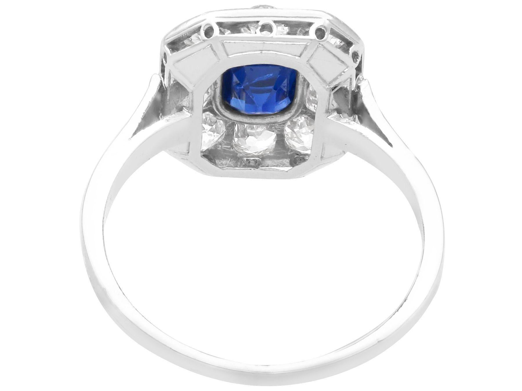 Women's or Men's Antique 1 Carat Sapphire and 1.10 Carat Diamond Platinum Cluster Ring For Sale