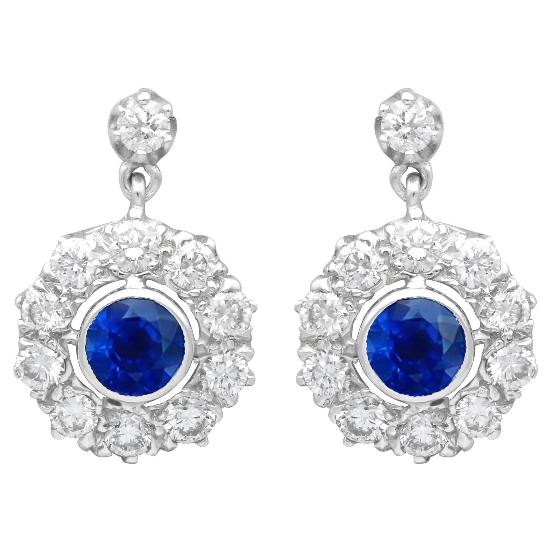 Antique 1 Carat Sapphire and 1.98 Carat Diamond 18k Yellow Gold Drop Earrings For Sale
