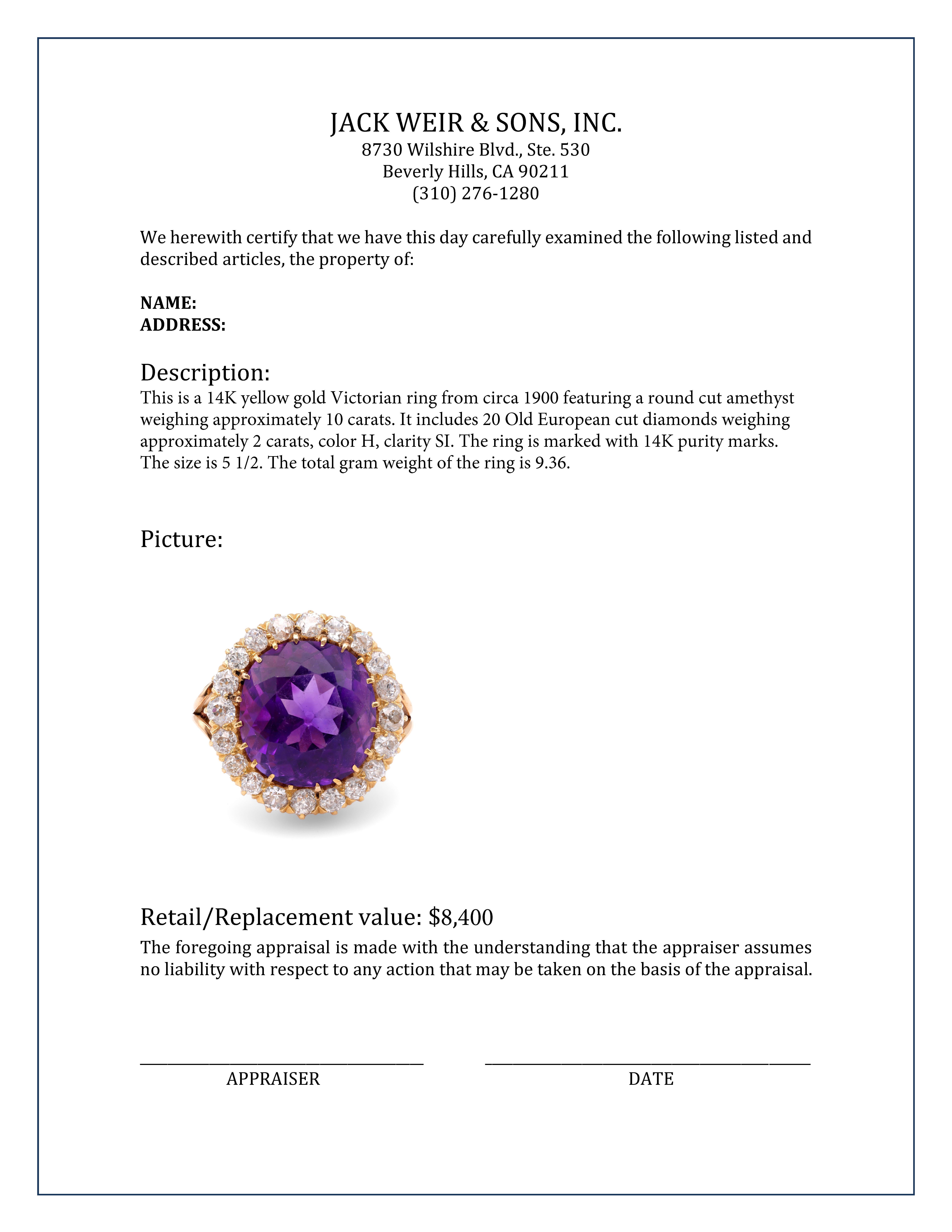 Antiker 10 Karat Amethyst-Diamant-Cluster-Ring aus 14K Gelbgold im Zustand „Hervorragend“ in Beverly Hills, CA