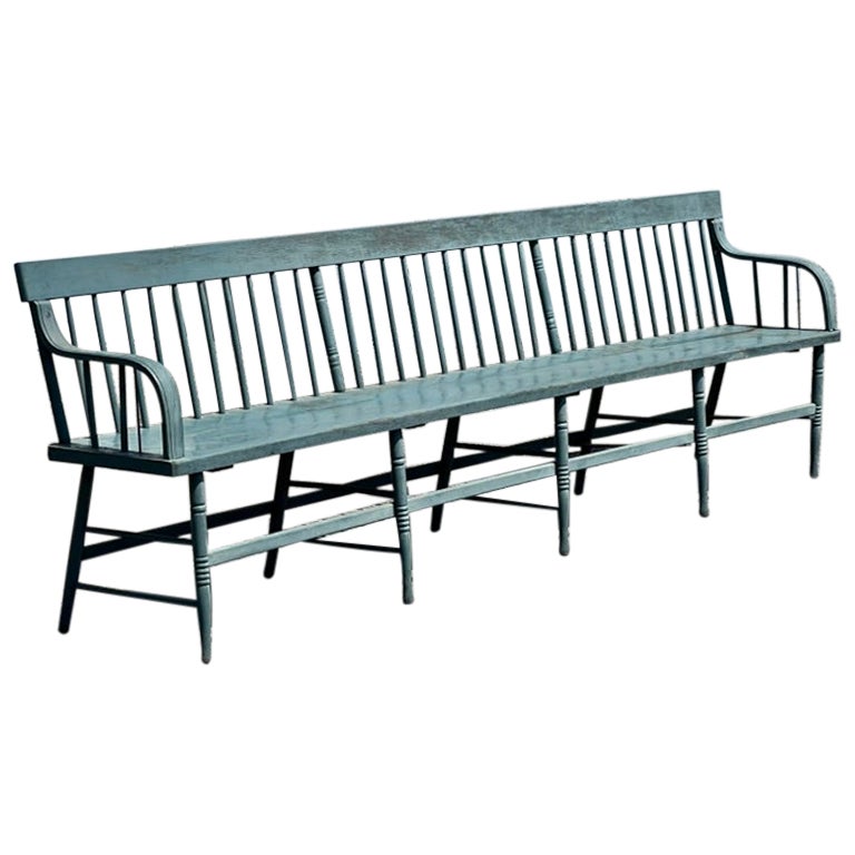 Antique 10’ Deacon’s Bench in Older Slate Blue Paint c. Mid 19th Century