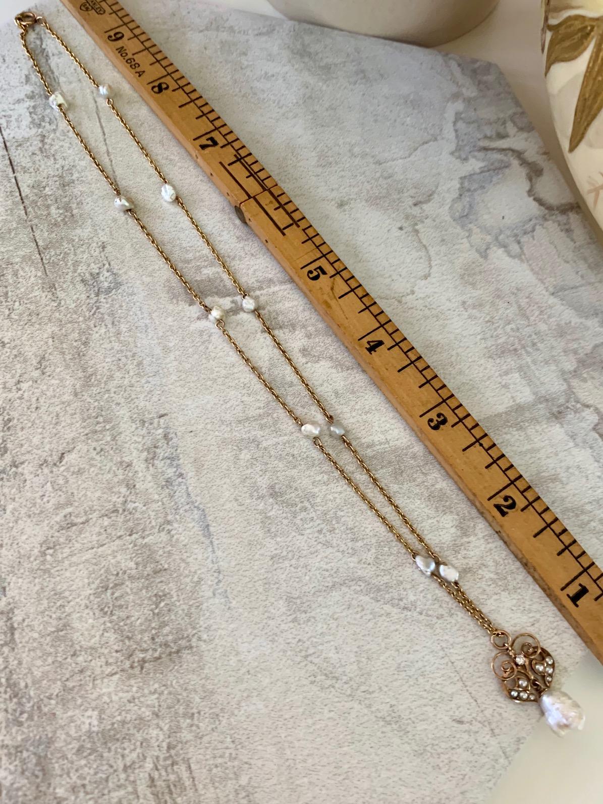 Women's Antique 10 Karat Gold, Diamond and Pearl Lavalier Necklace with 14 Karat Chain