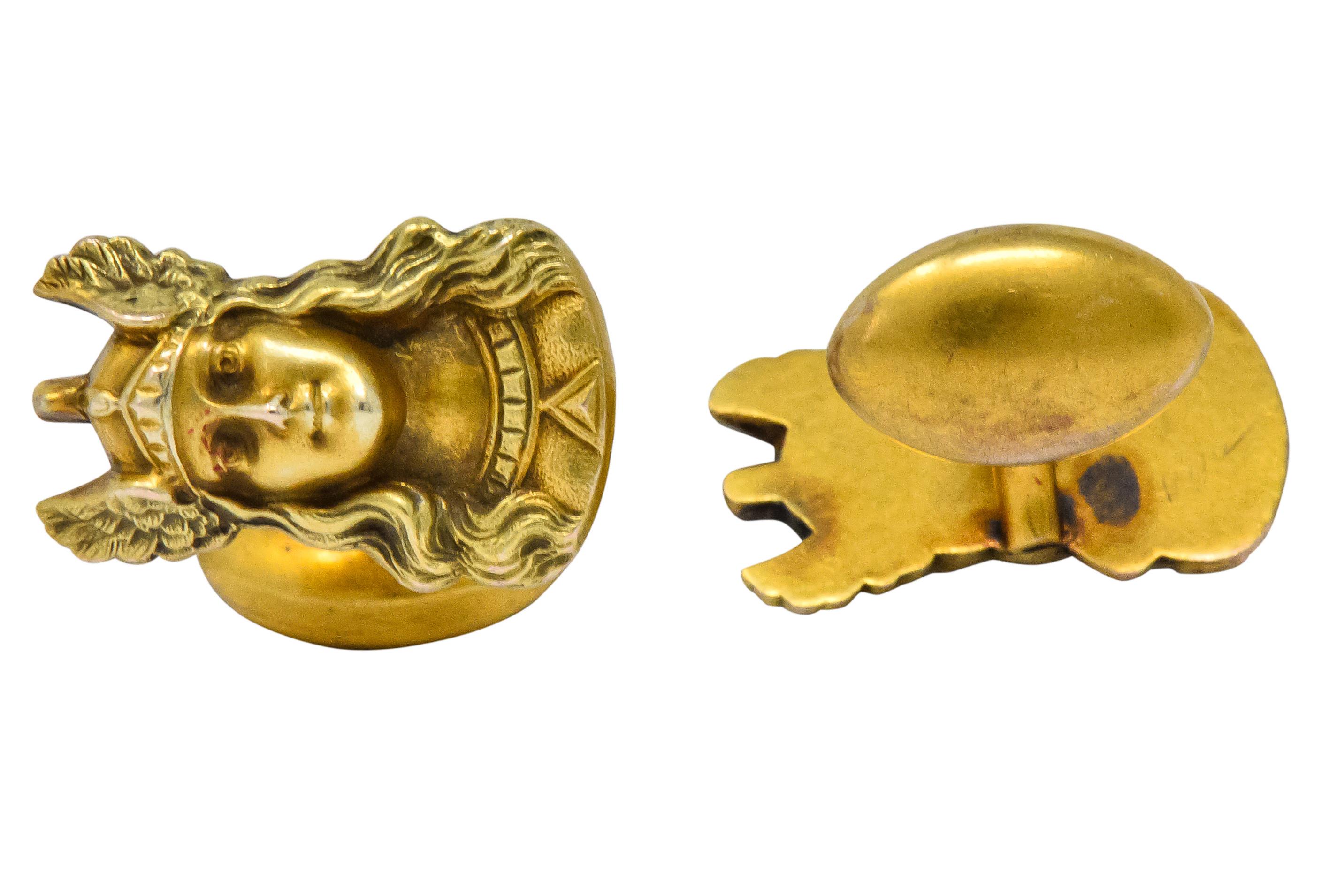 Art Nouveau Antique 10 Karat Gold Norse Valkyrie Goddess Men's Cufflinks