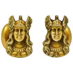 Antique 10 Karat Gold Norse Valkyrie Goddess Men's Cufflinks