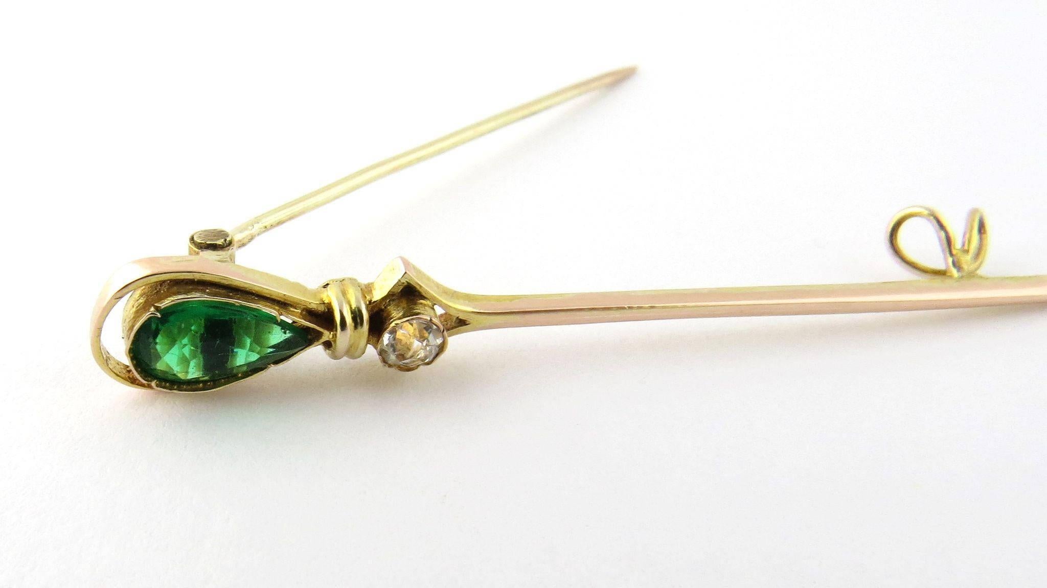 Women's Antique 10 Karat Yellow Gold Pin with Emerald and White Sapphire