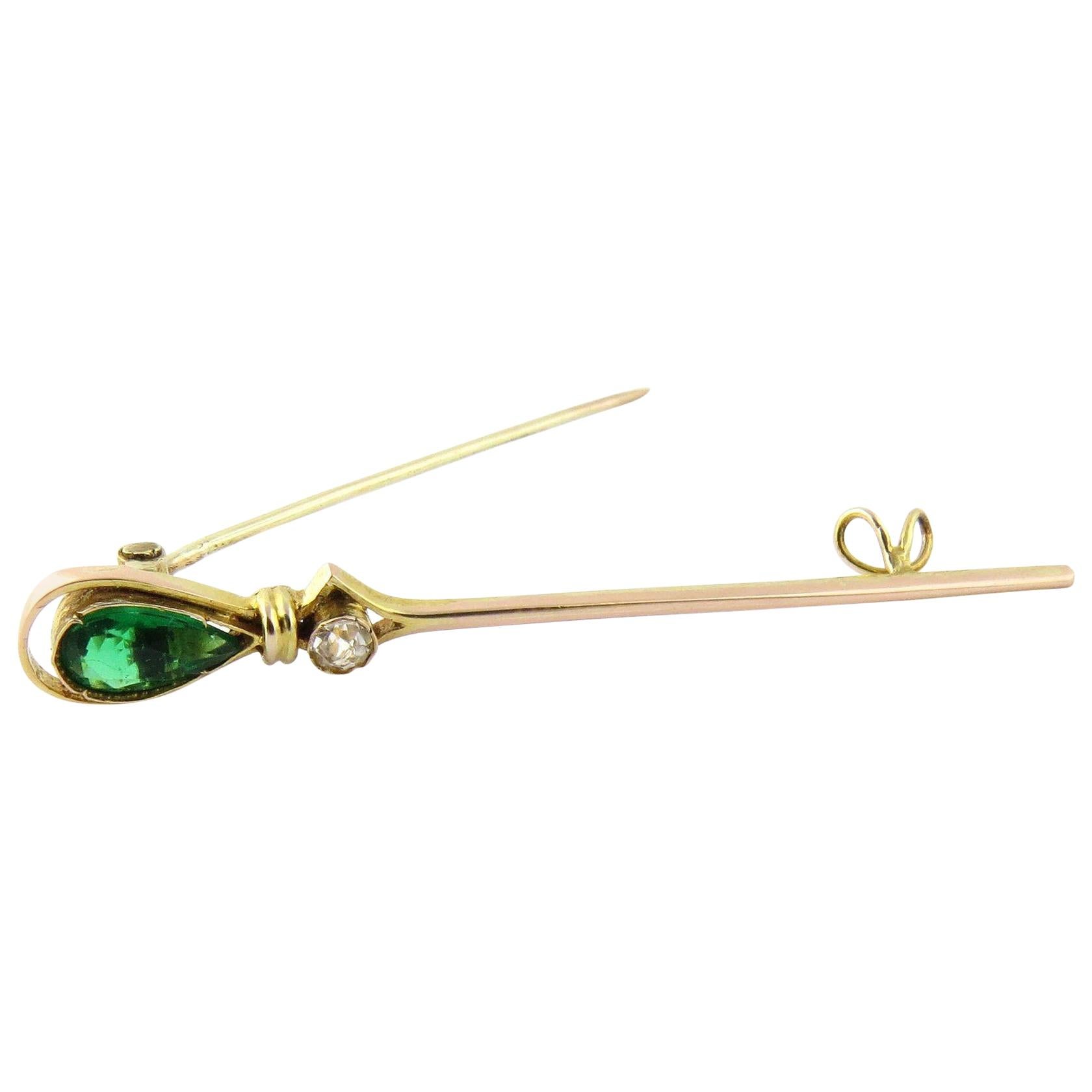 Antique 10 Karat Yellow Gold Pin with Emerald and White Sapphire