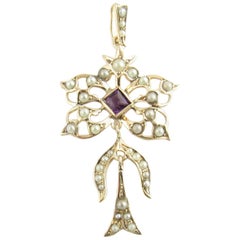 Vintage 10 Karat Yellow Gold, Seed Pearl and Amethyst Pendant