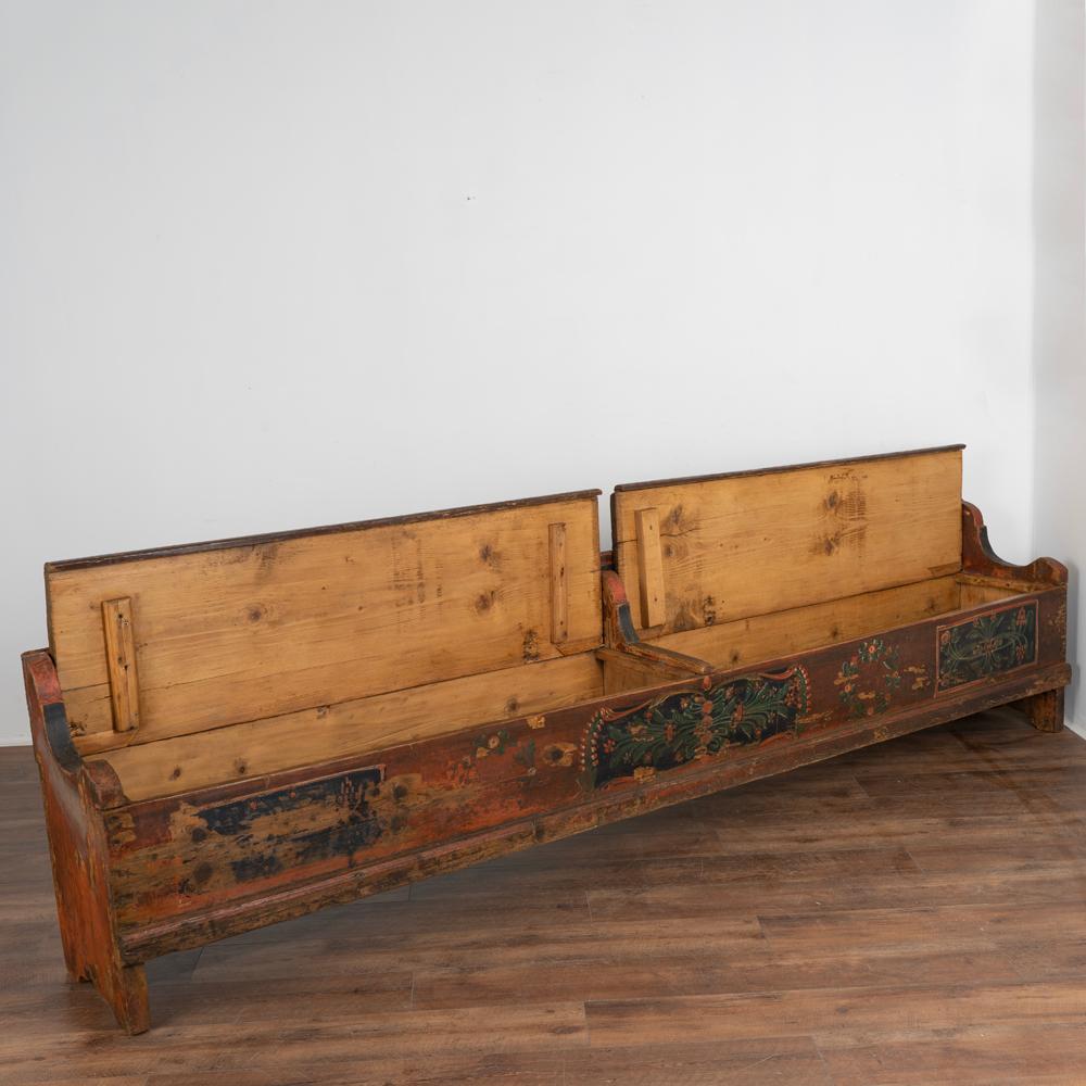 Country Antique 10' Long Original Blue Painted Bench With Storage Circa 1890
