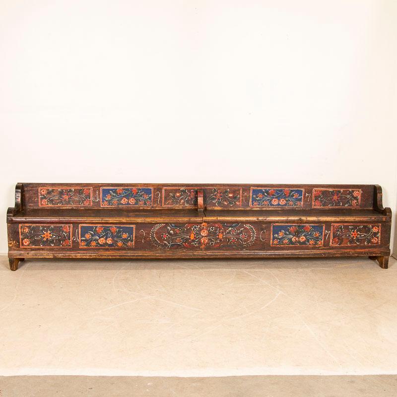 Antique Long Original Painted Bench with Storage In Good Condition In Round Top, TX