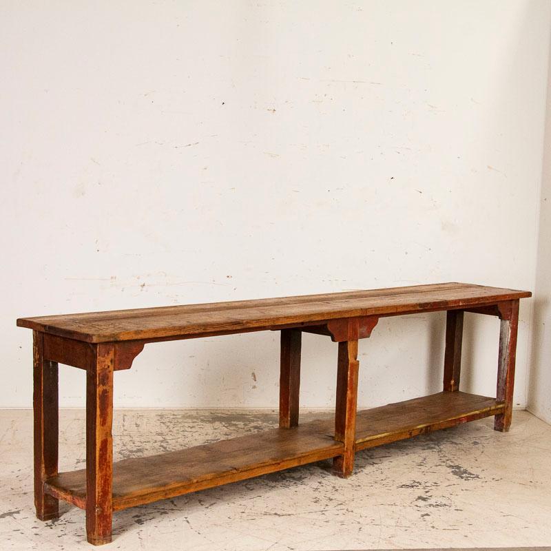 Hungarian Antique Red Painted Primitive Work Console Table with Shelf