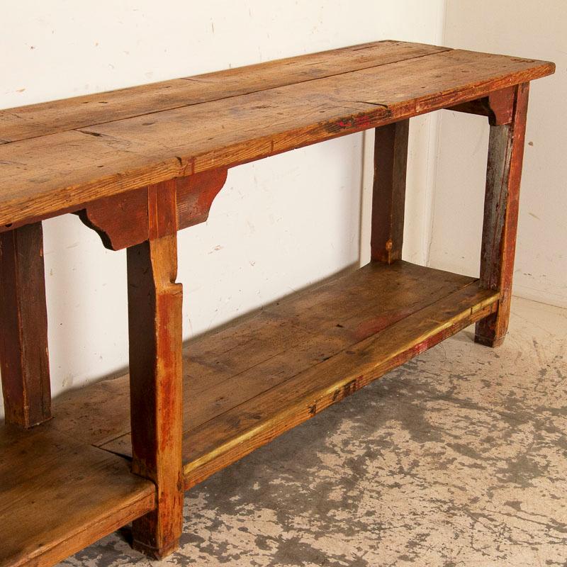 Antique Red Painted Primitive Work Console Table with Shelf In Good Condition In Round Top, TX