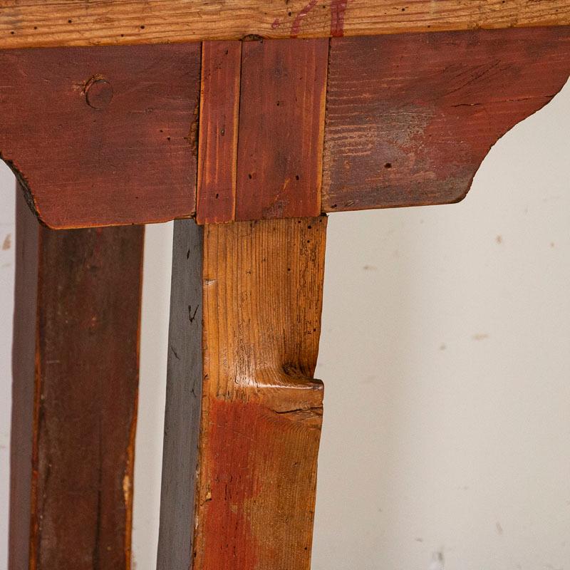 Wood Antique Red Painted Primitive Work Console Table with Shelf