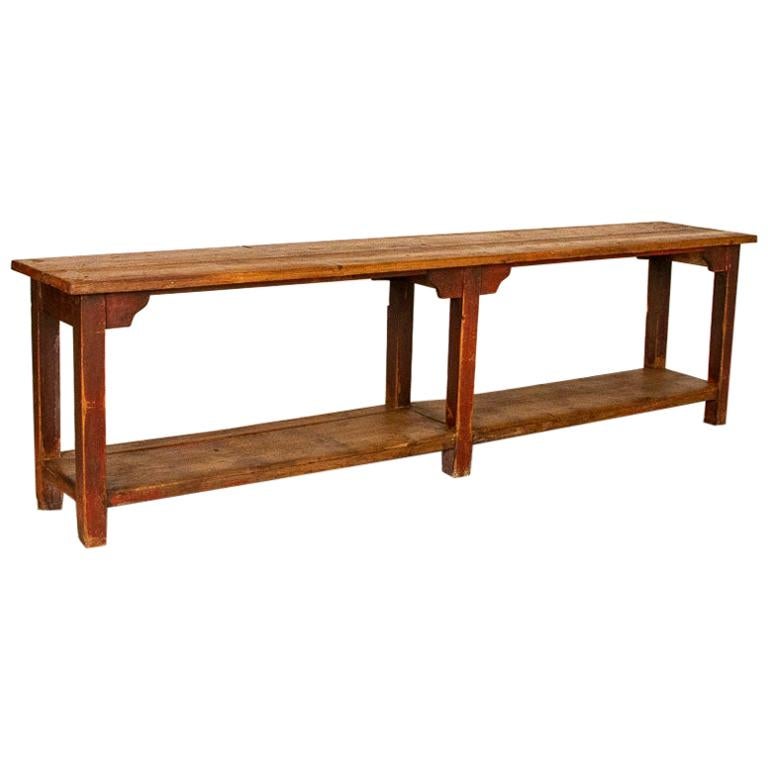 Antique Red Painted Primitive Work Console Table with Shelf