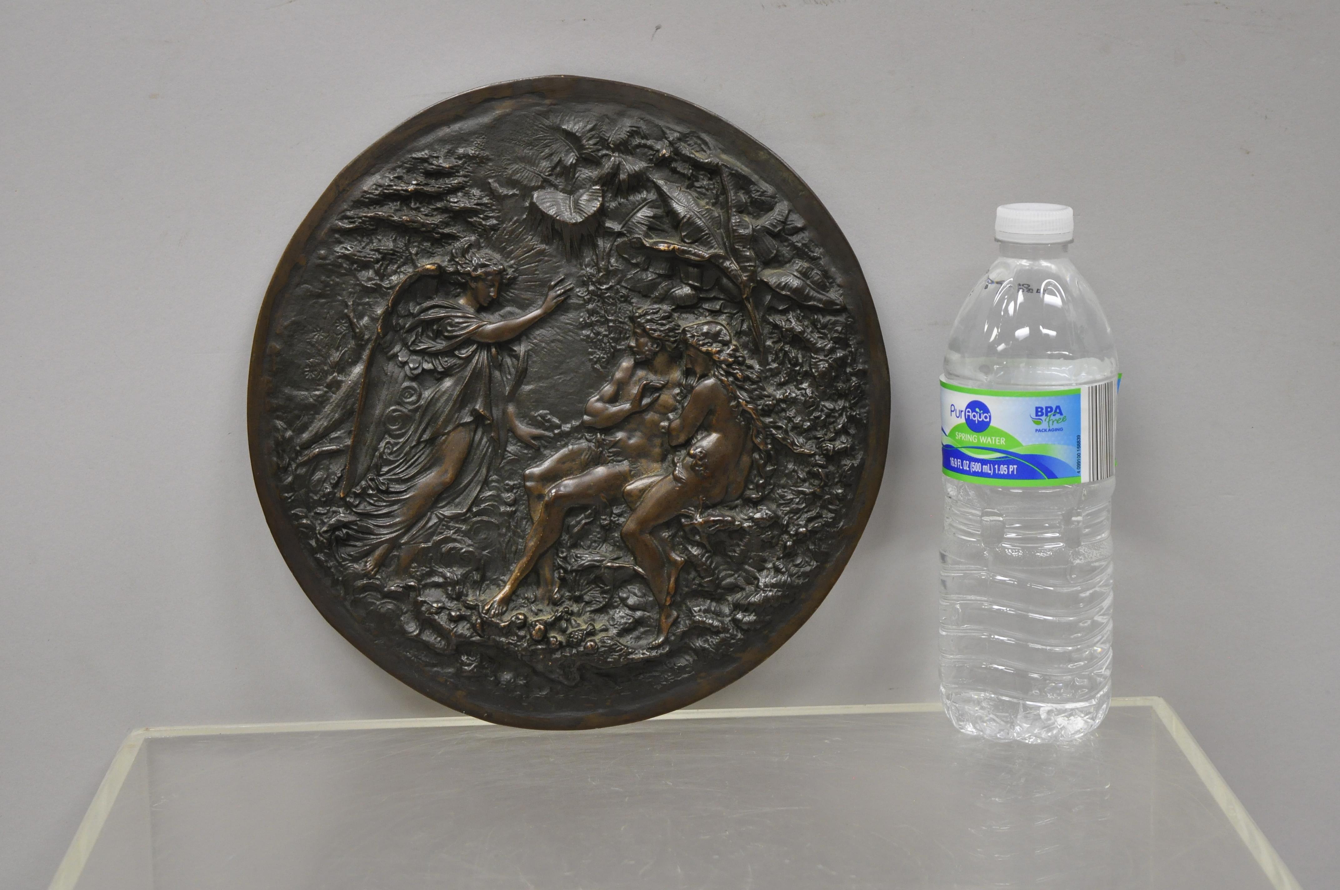Antique Round Figural Bronze Plaque Medallion Adam and Eve Garden of Eden 2