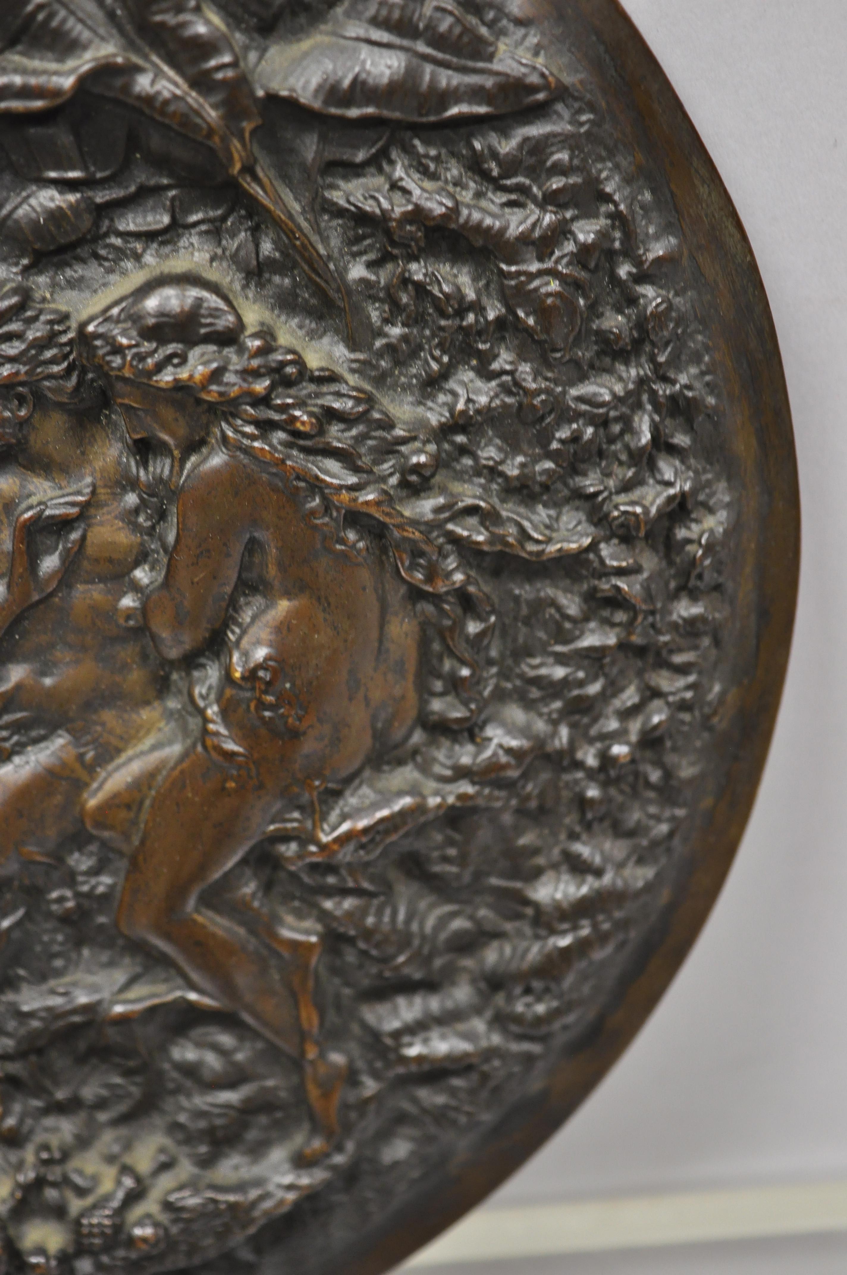 Classical Roman Antique Round Figural Bronze Plaque Medallion Adam and Eve Garden of Eden