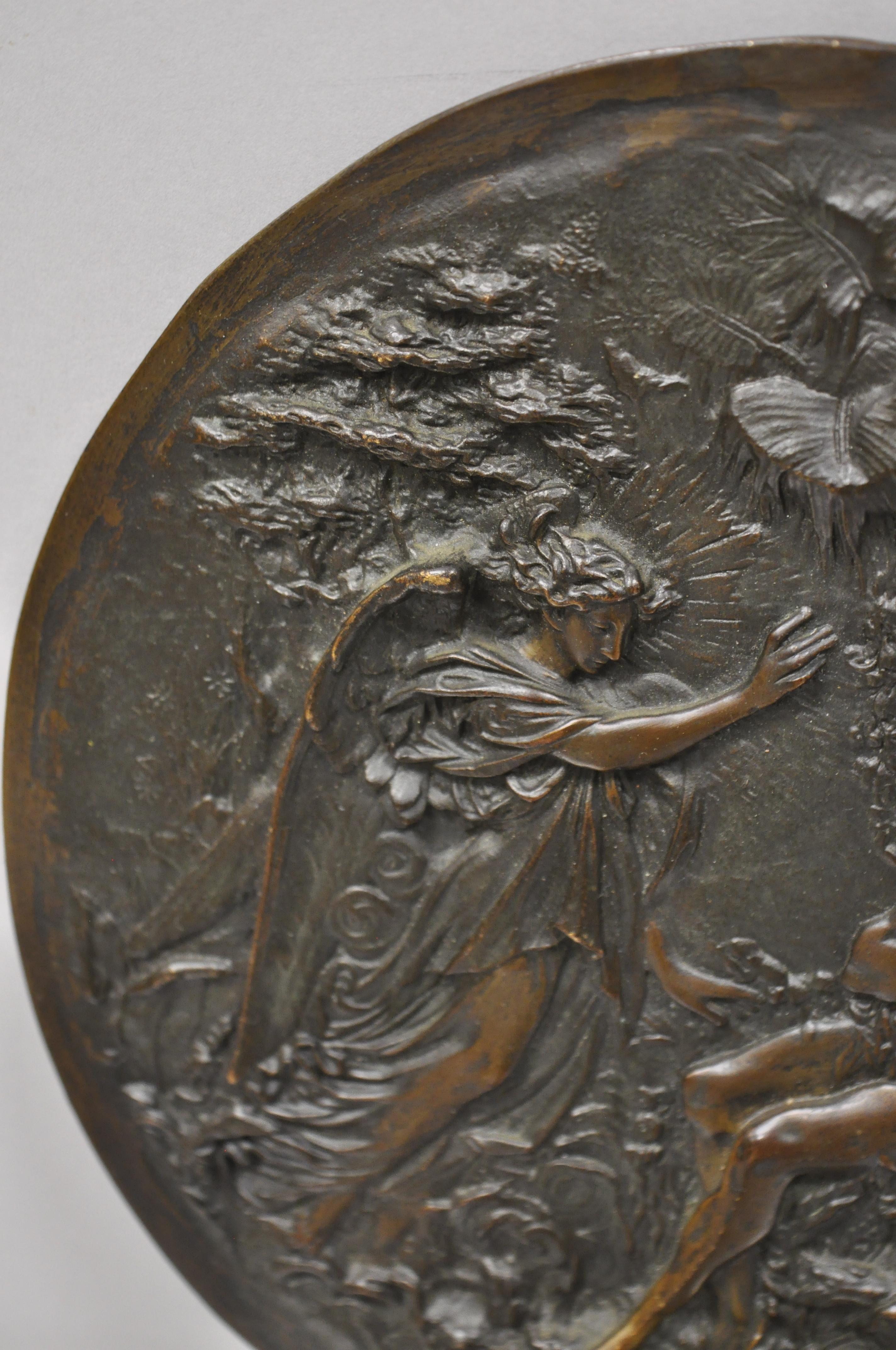 French Antique Round Figural Bronze Plaque Medallion Adam and Eve Garden of Eden