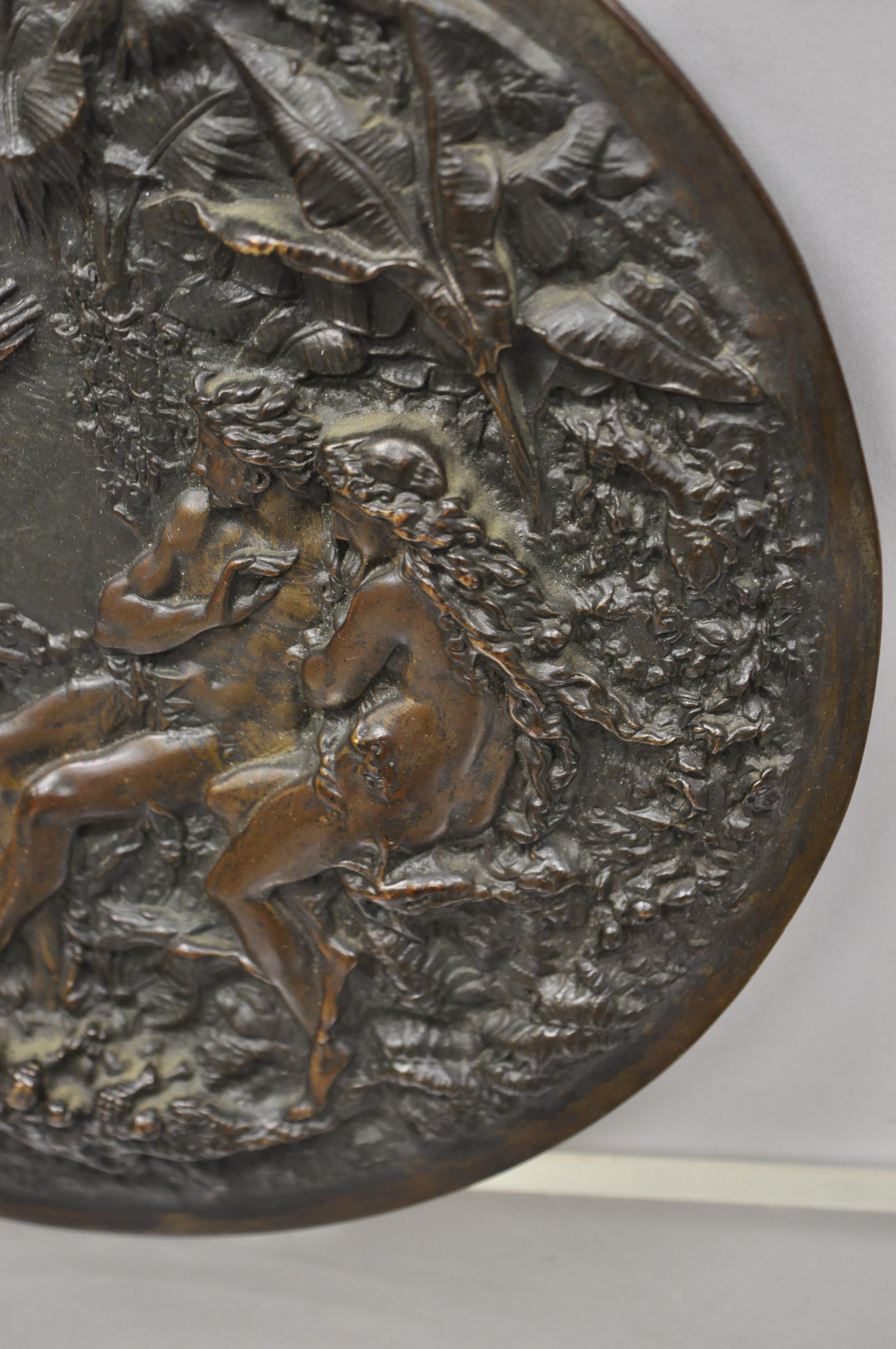Antique Round Figural Bronze Plaque Medallion Adam and Eve Garden of Eden In Good Condition In Philadelphia, PA