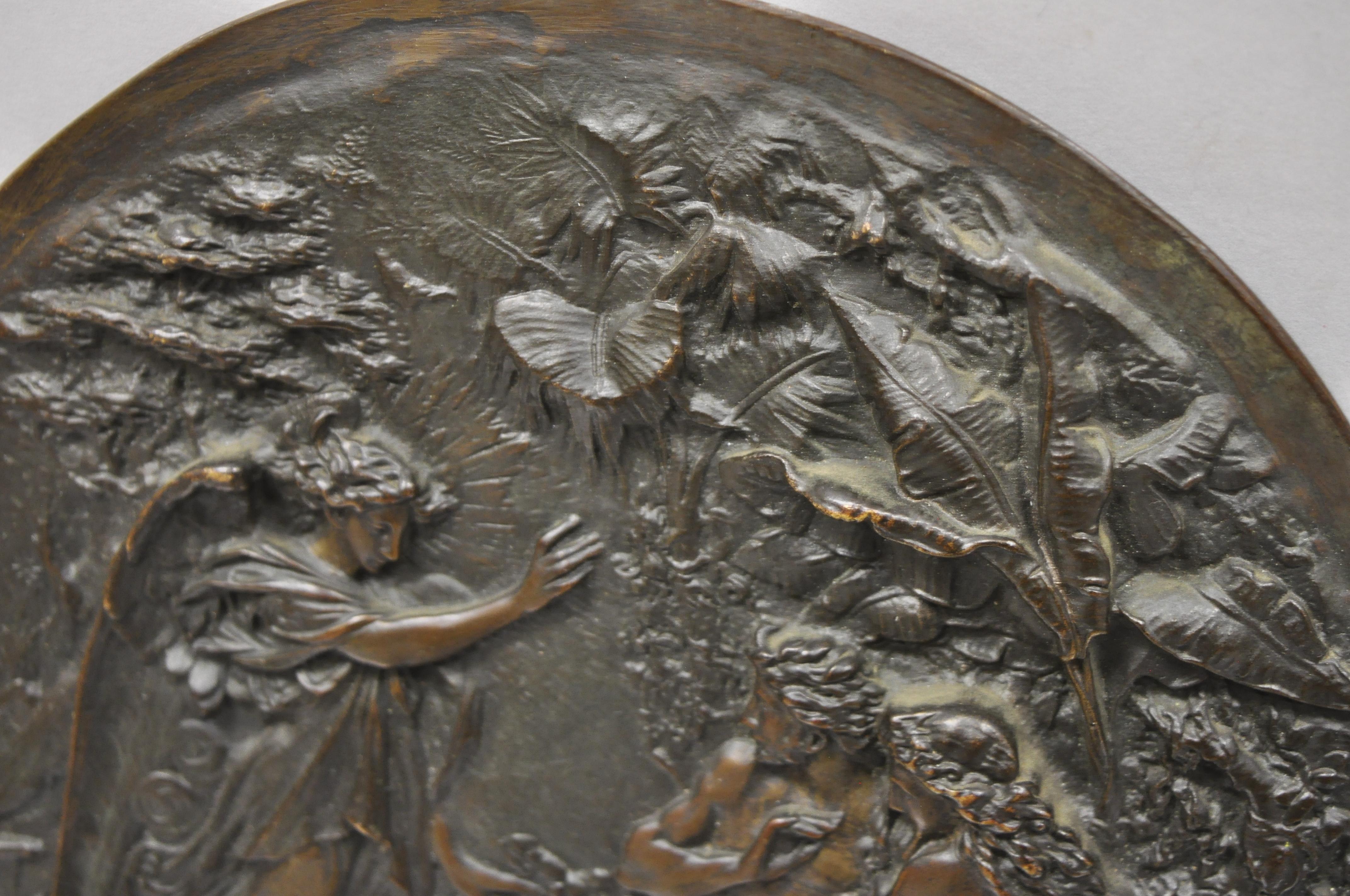 19th Century Antique Round Figural Bronze Plaque Medallion Adam and Eve Garden of Eden