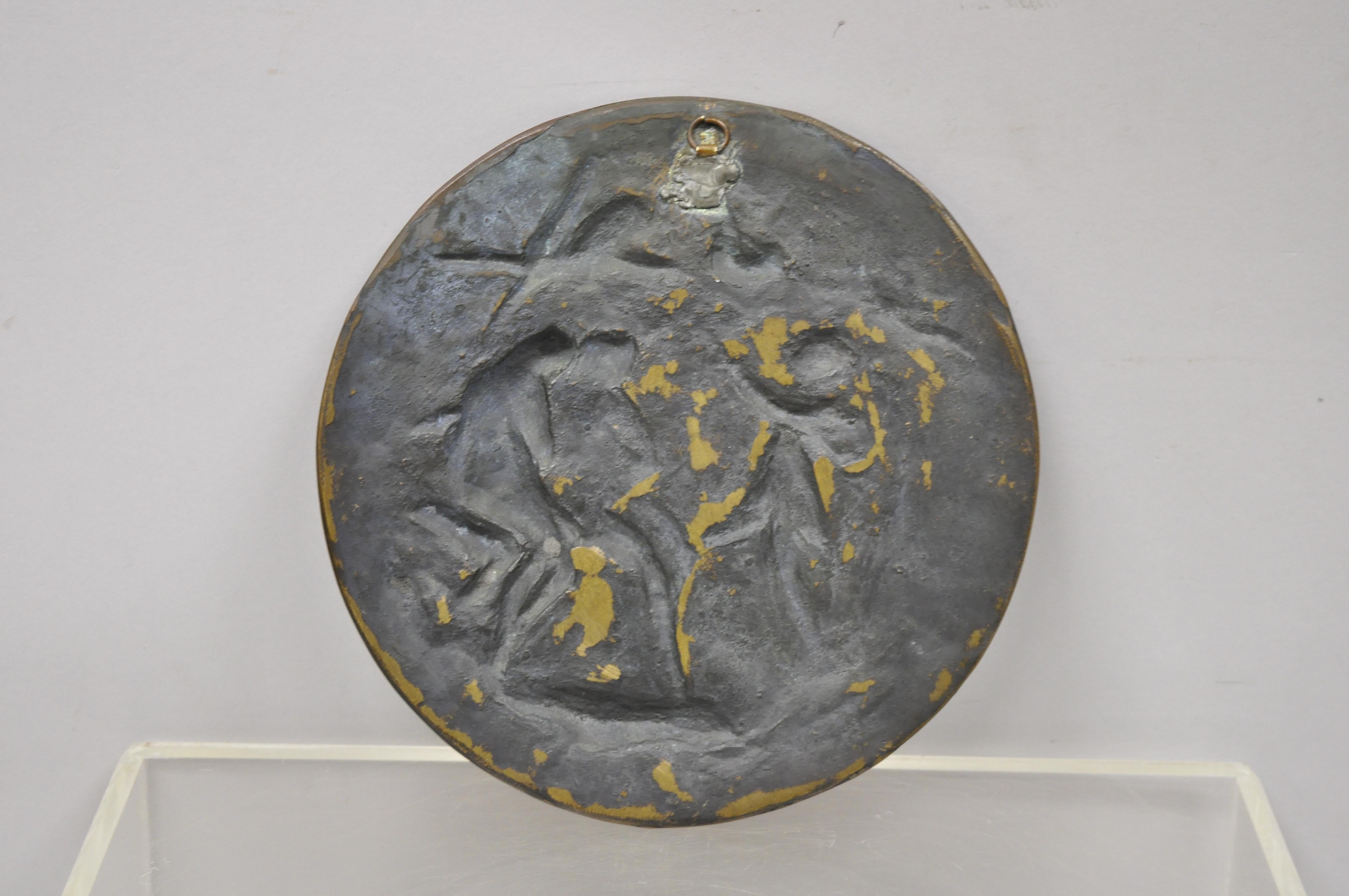 Antique Round Figural Bronze Plaque Medallion Adam and Eve Garden of Eden 1