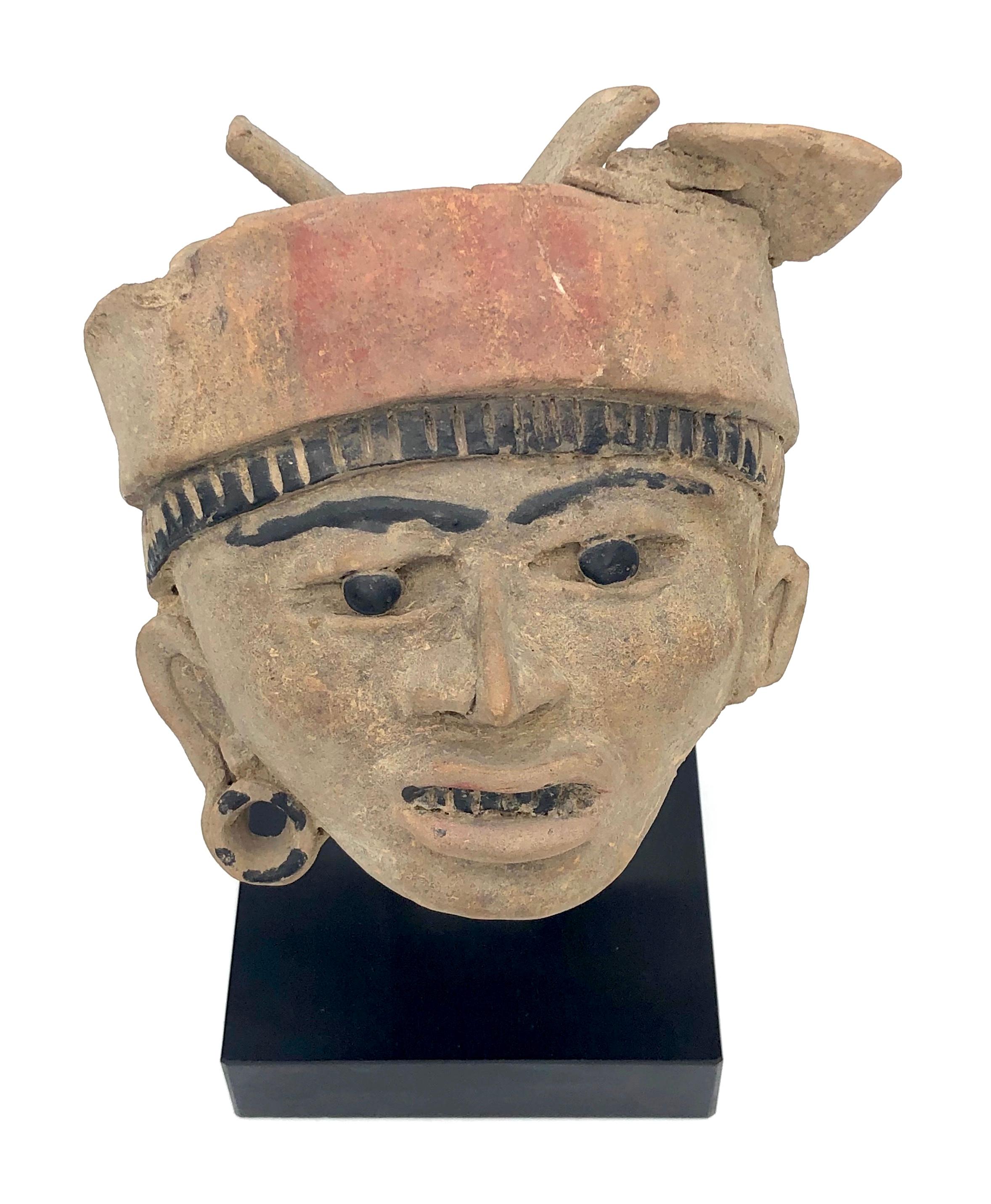 Painted Antique 100 B.C.-800 A.C. Mexico Remojadas Culture Warrior Terracotta Sculpture For Sale