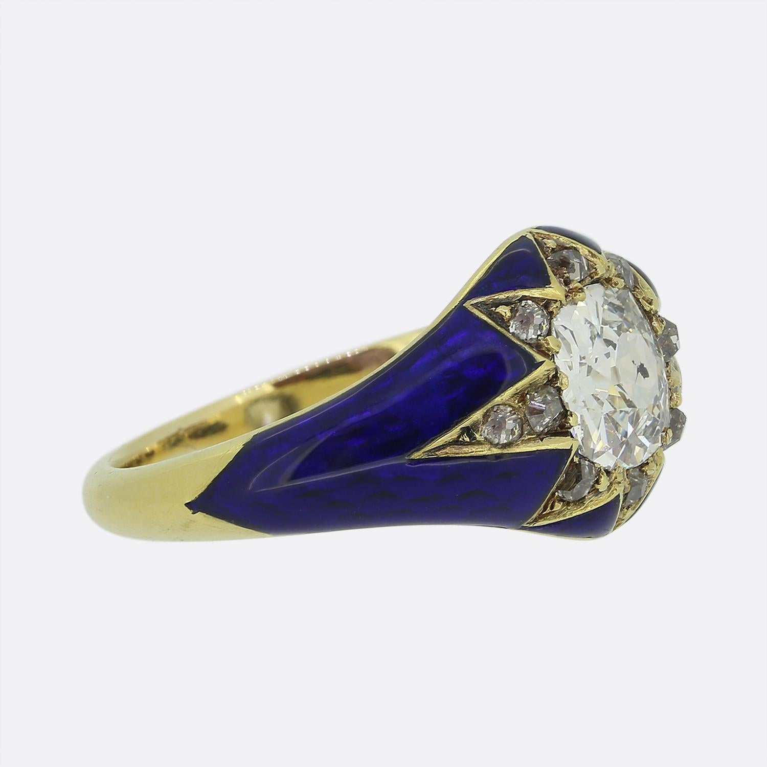 Victorian Antique 1.00 Carat Diamond and Enamel Single-Stone Ring For Sale