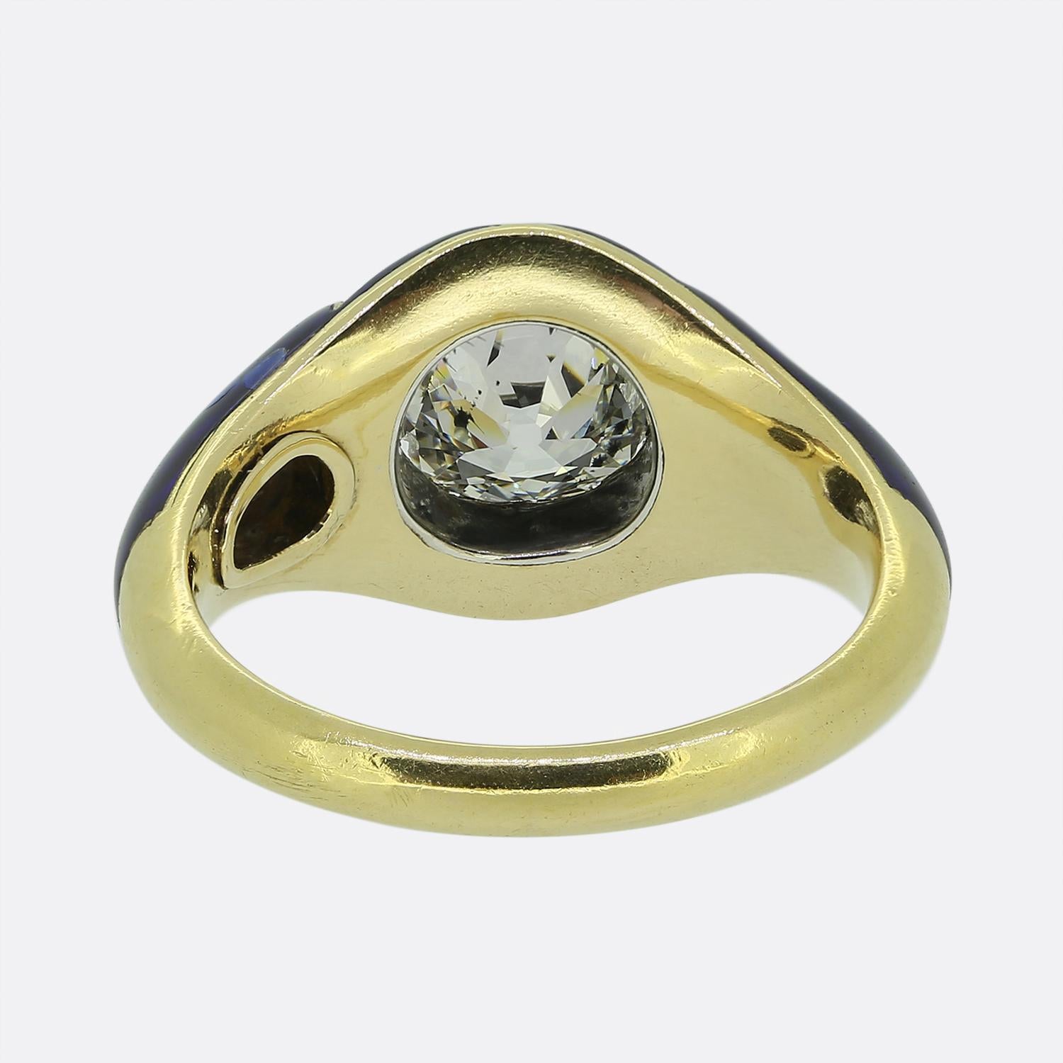 Old European Cut Antique 1.00 Carat Diamond and Enamel Single-Stone Ring For Sale