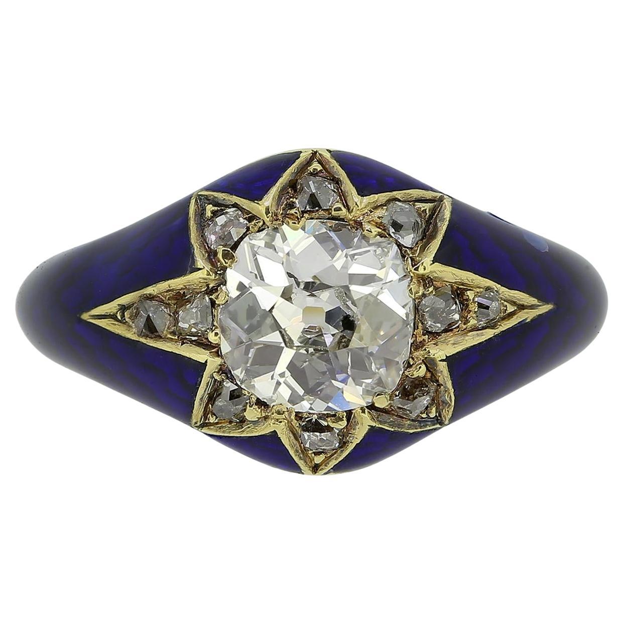 Antique 1.00 Carat Diamond and Enamel Single-Stone Ring For Sale