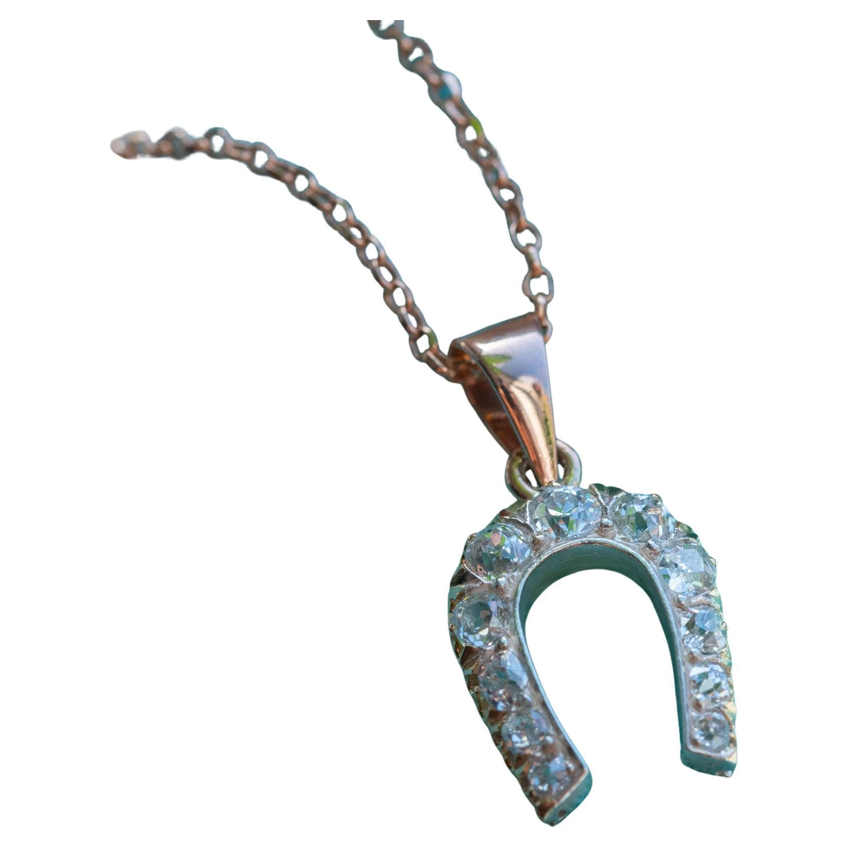 Antique 1.00 GH SI Oldmine Cut Diamond Horseshoe Pendant For Sale