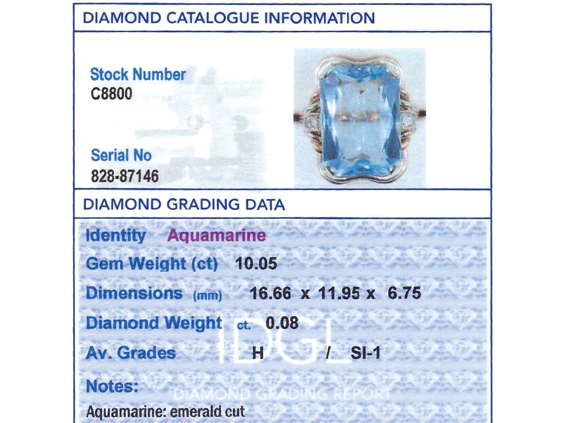 Bague habillée ancienne en or rose 14 carats, aigue-marine 10,05 carats et diamants, c. 1935 en vente 2