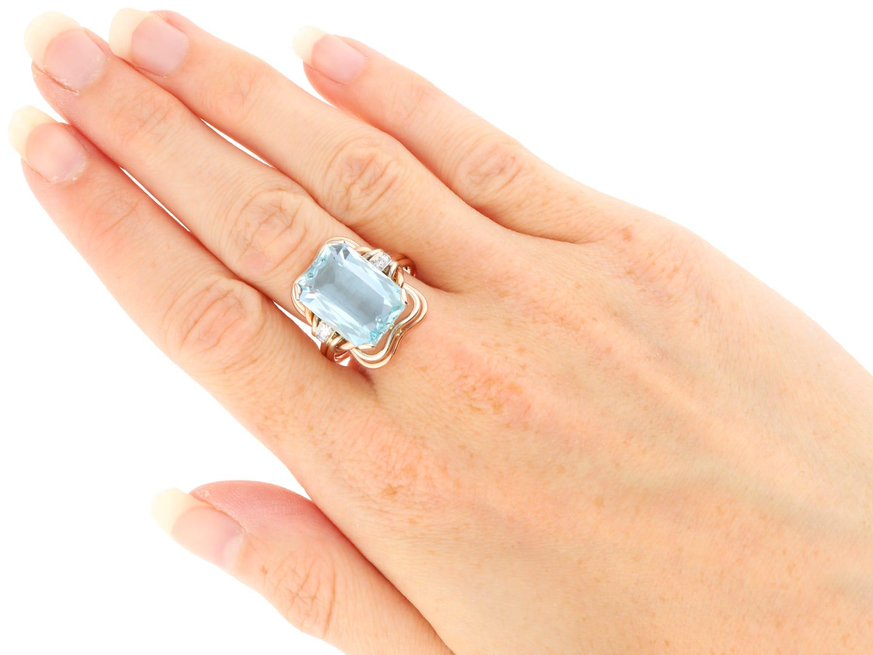 Bague habillée ancienne en or rose 14 carats, aigue-marine 10,05 carats et diamants, c. 1935 en vente 3