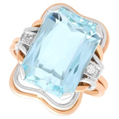 Antique 10.05Ct Aquamarine and Diamond, 14k Rose Gold Dress Ring Circa 1935