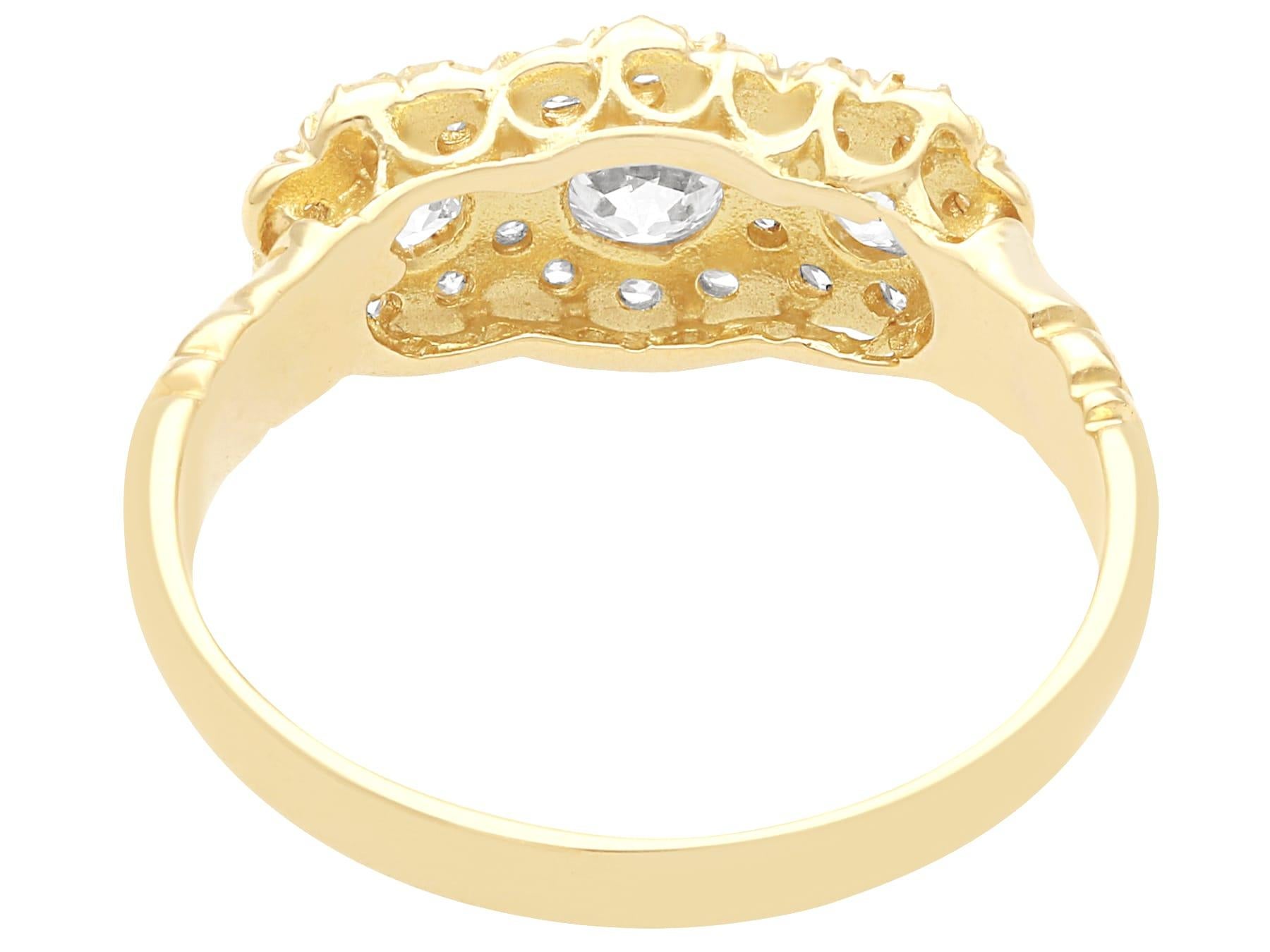 Old European Cut Antique 1.01 Carat Diamond and Yellow Gold Trilogy Cluster Ring, Circa 1910 For Sale
