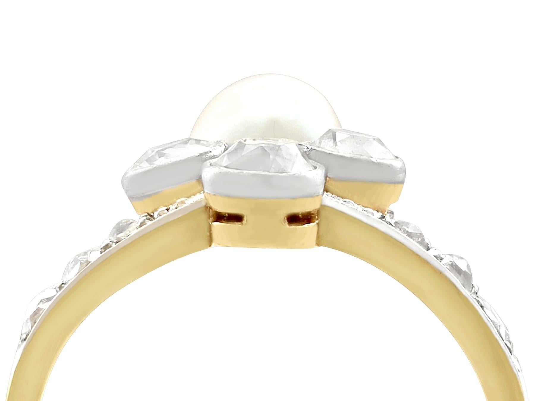A stunning, fine and impressive antique 1.02 carat diamond and pearl, 14 karat yellow gold, platinum set dress ring; part of our antique jewelry and estate jewelry collections.

This stunning antique pearl and diamond cocktail ring has been crafted