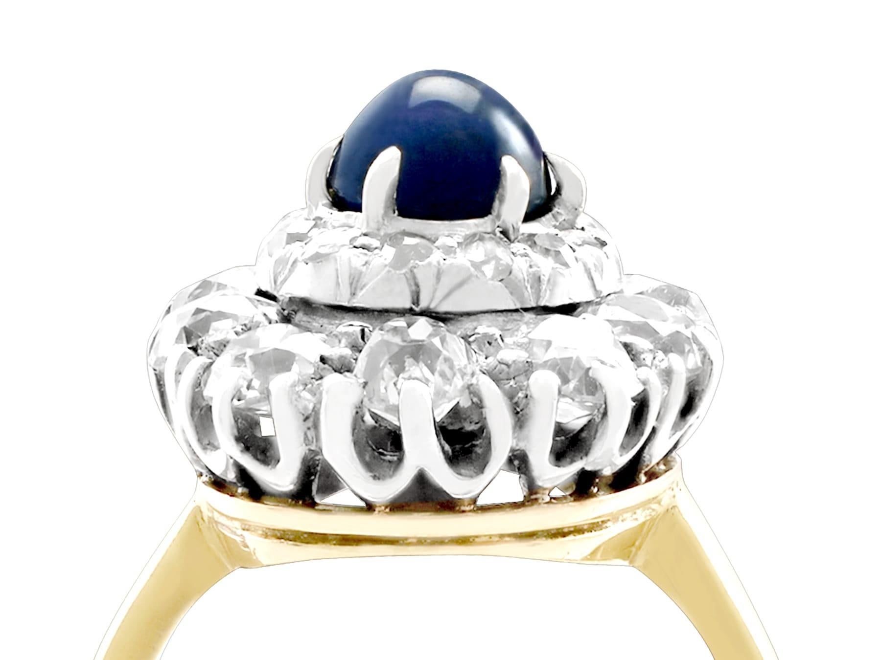 Superbe, belle et impressionnante bague ancienne de 1,02 carat de saphir bleu naturel et de 1,83 carat de diamant, en or jaune 18 carats et en or blanc 9 carats. Cette bague fait partie de nos diverses collections de bijoux anciens de