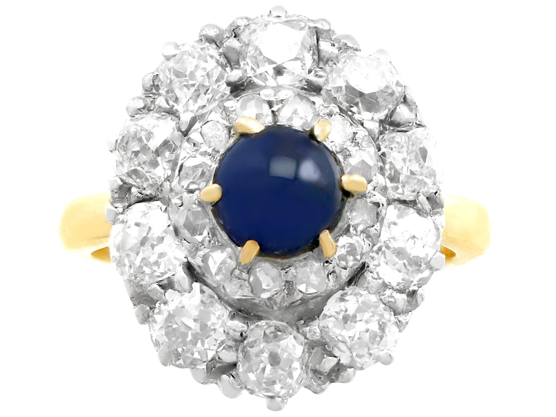 Bague grappe ancienne en or avec saphir de 1,02 carat et diamant de 1,83 carat Excellent état - En vente à Jesmond, Newcastle Upon Tyne