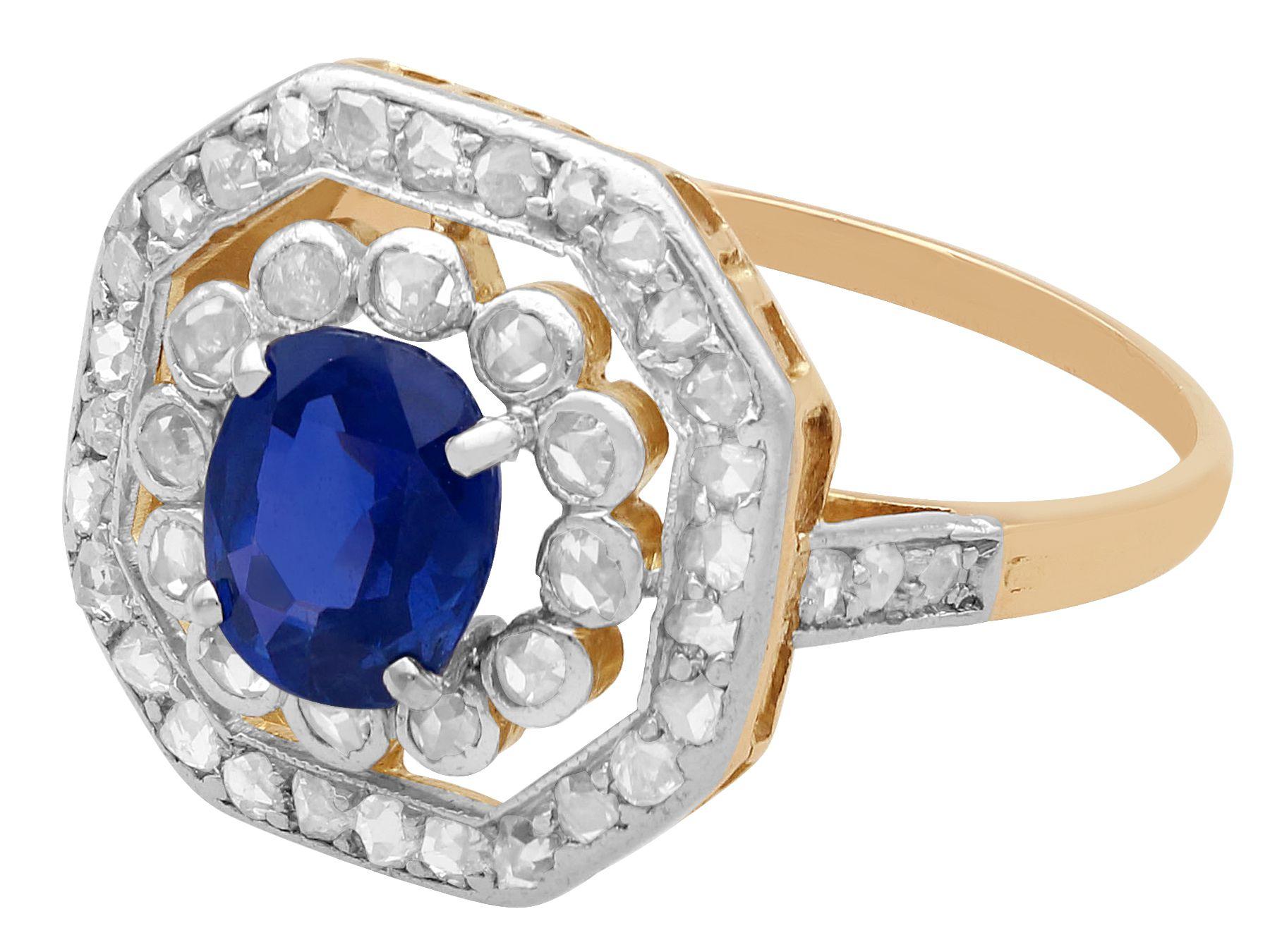 Octagon Cut Antique Edwardian 1.02 Carat Blue Sapphire and Diamond Yellow Gold Cluster Ring For Sale