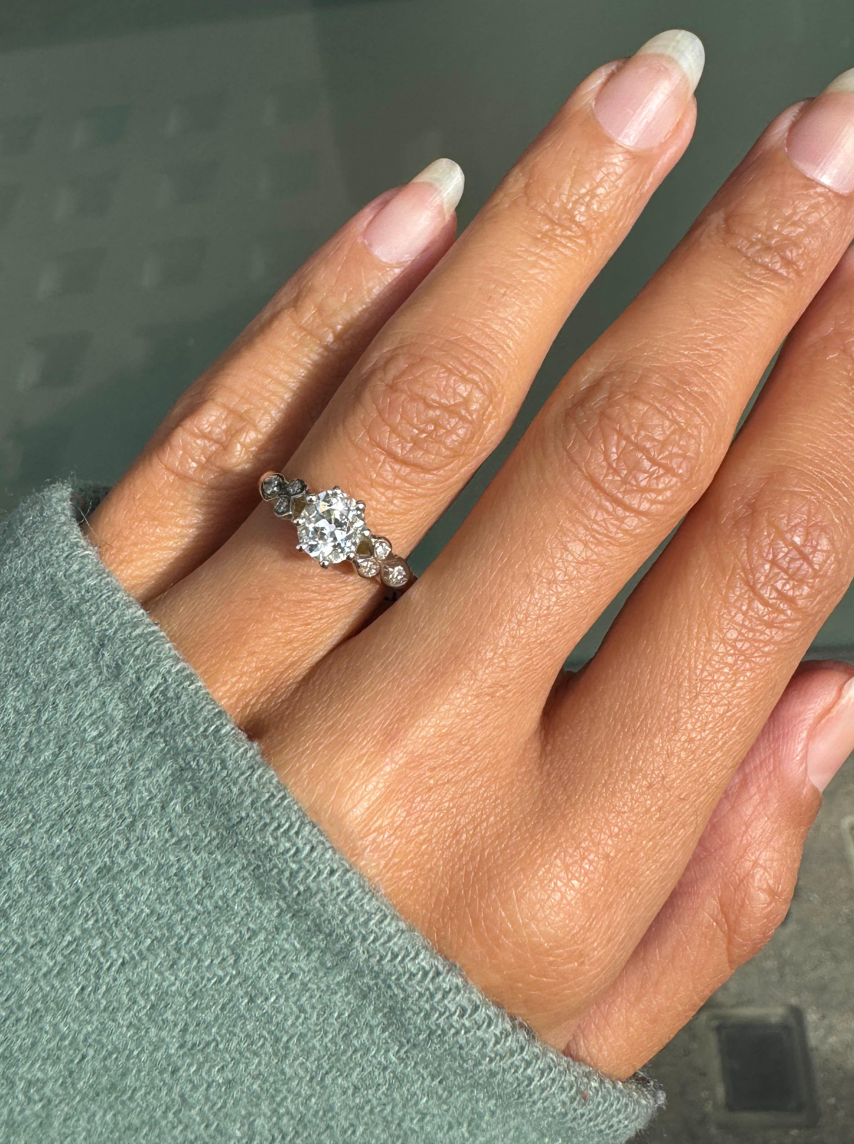 Antique 1.02ct Old Mine Cut Diamond 18K White Gold & Platinum Engagement Ring For Sale 2