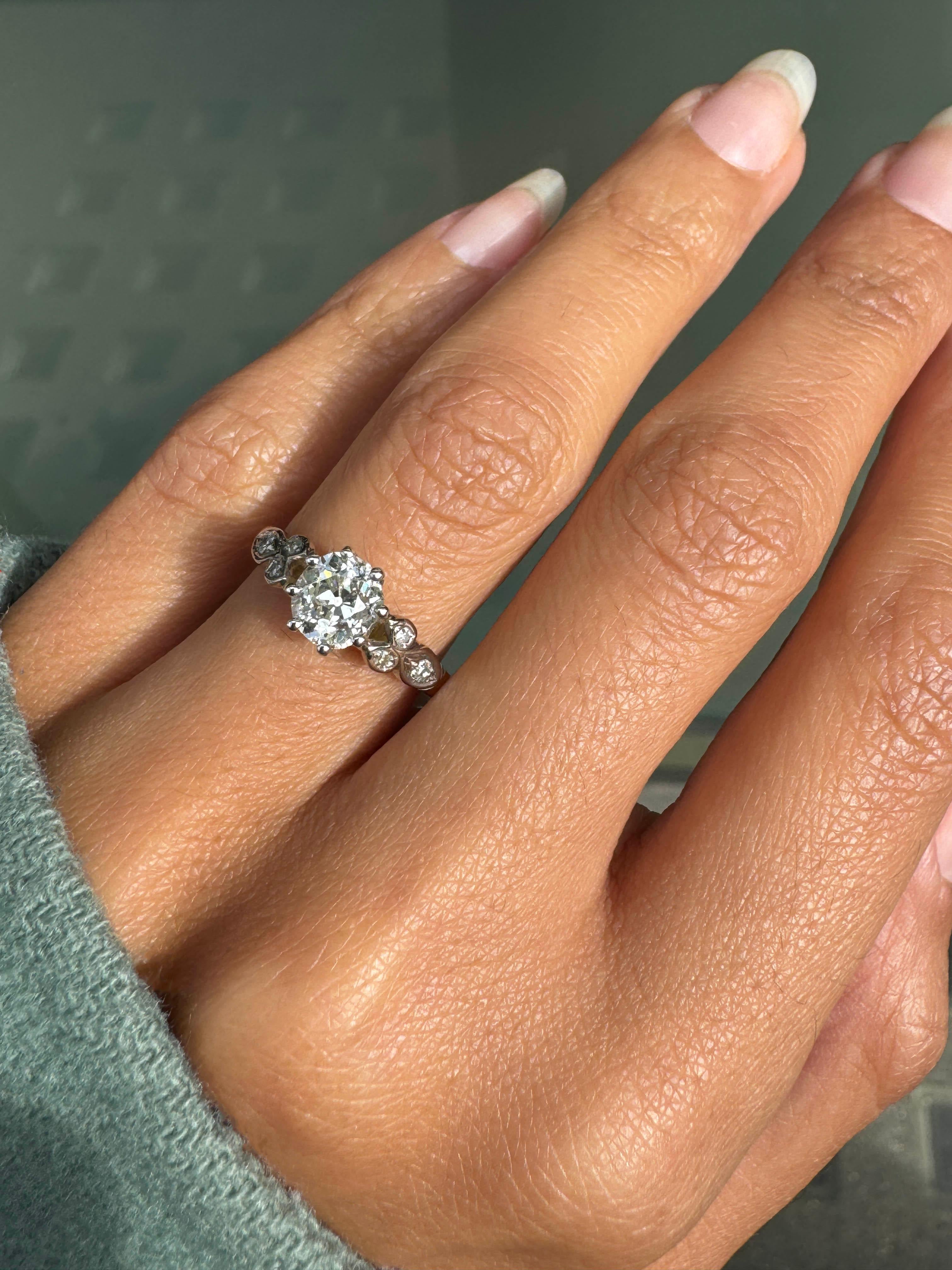 Antique 1.02ct Old Mine Cut Diamond 18K White Gold & Platinum Engagement Ring For Sale 5
