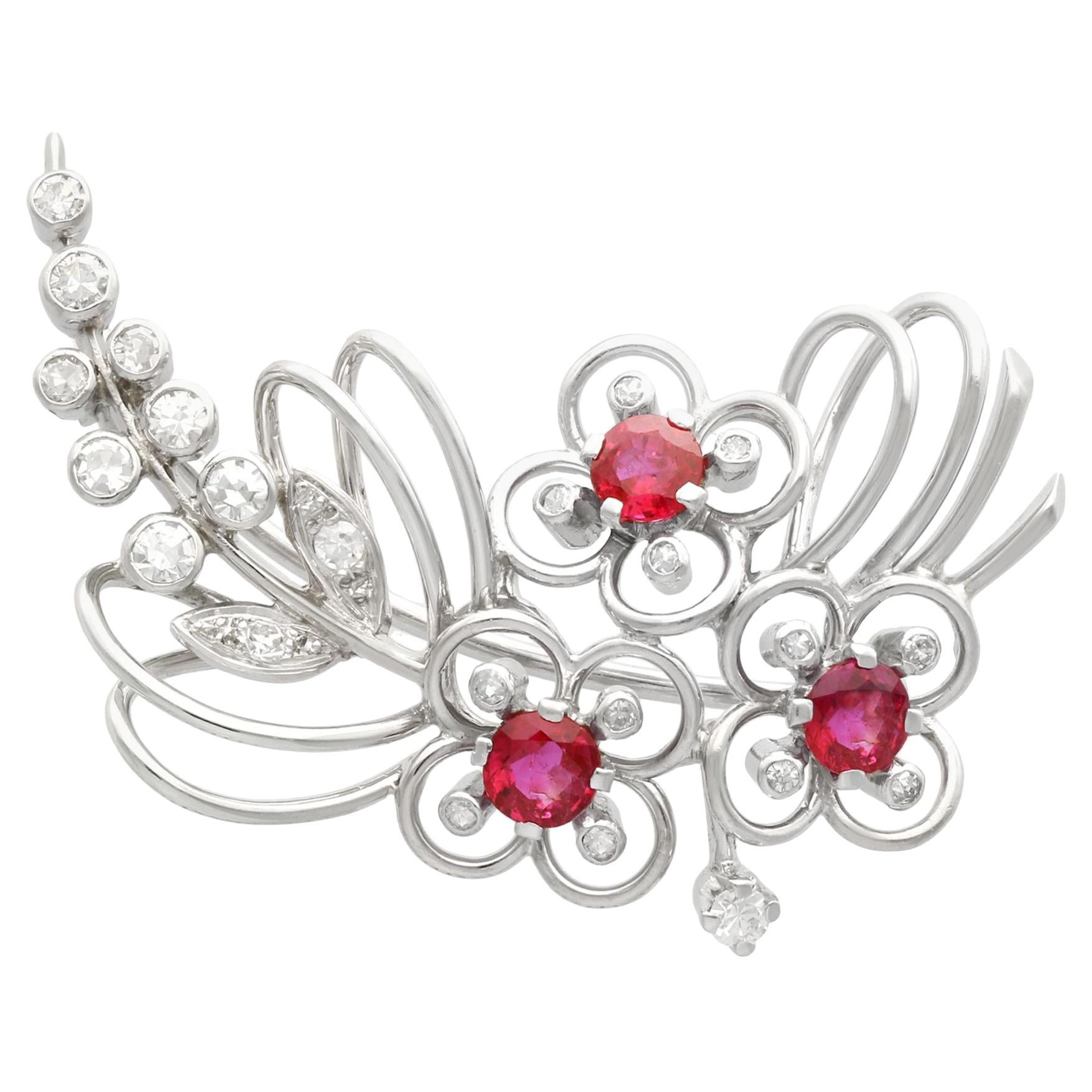 Antique 1.02Ct Ruby and Diamond White Gold Spray Brooch, Circa 1925 For Sale at 1stDibs