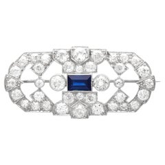 Antique 1.02Ct Sapphire and 5.54Ct Diamond, Platinum Brooch Circa 1920