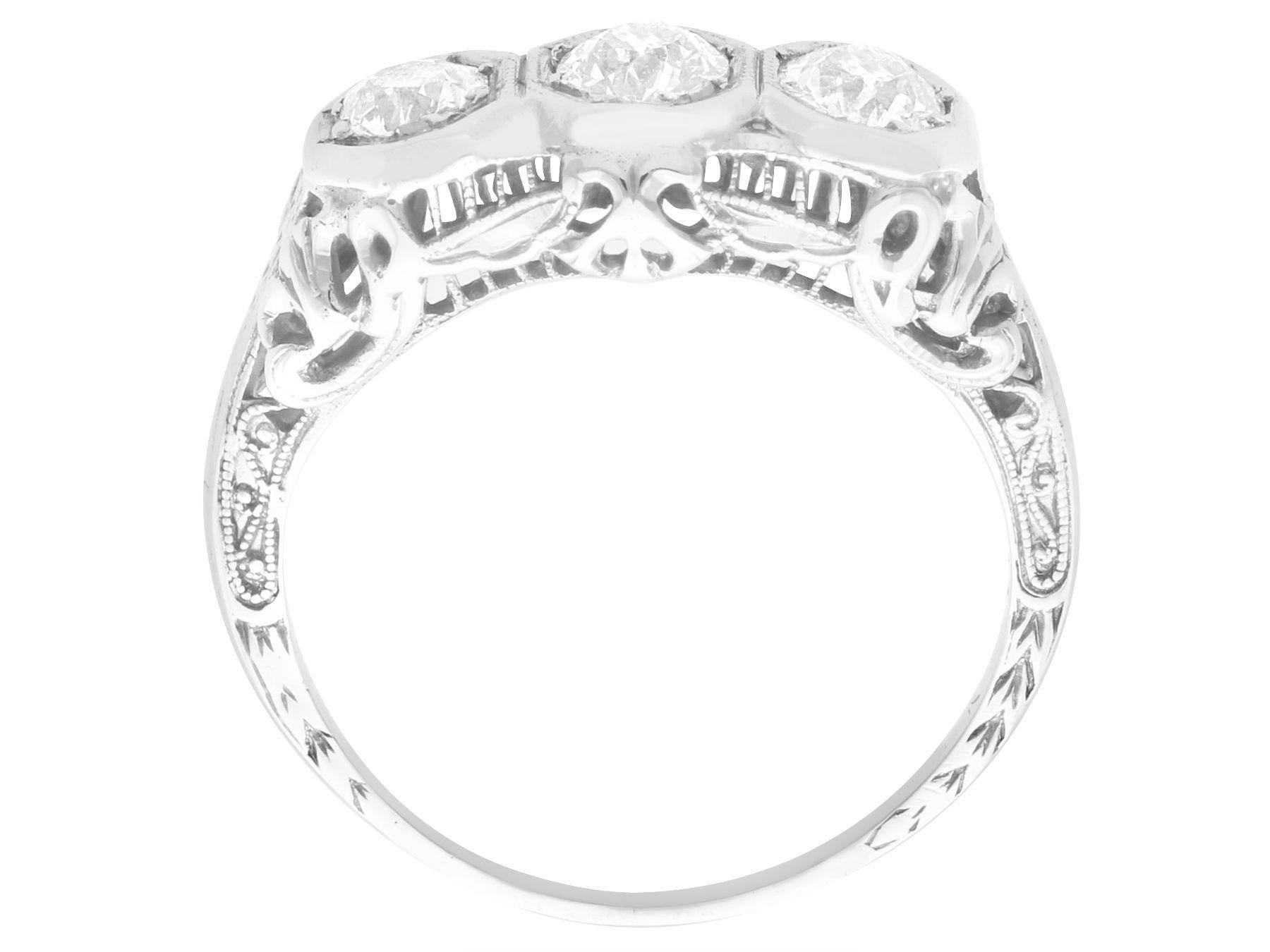 Old European Cut 1920s antique 1.03 Carat Diamond and 18K White Gold Trilogy Ring For Sale