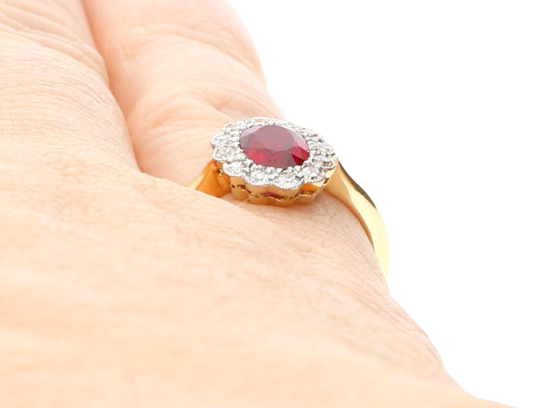 Non Heated 1.03 Carat Thai Ruby and Diamond Cluster Ring in Yellow Gold For Sale 3