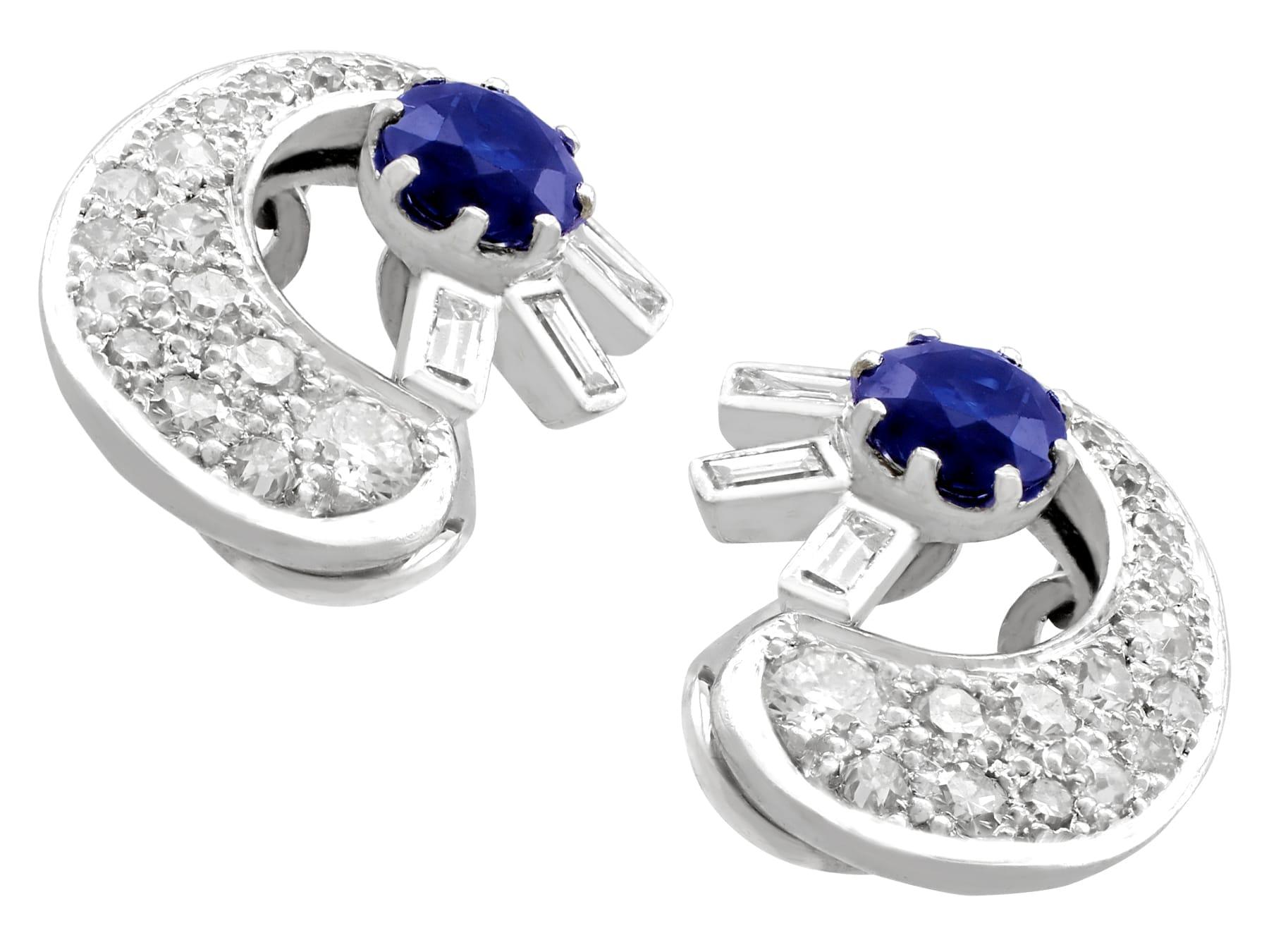 Pendientes de clip de oro blanco con zafiro antiguo de 1,04 quilates y diamante de 1,75 quilates Corte redondo en venta