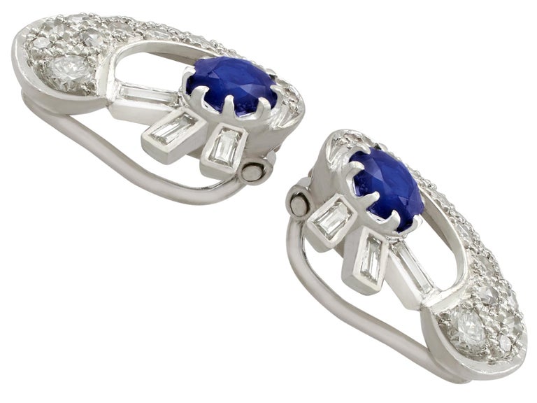 Round Cut Antique 1.04 Carat Sapphire and 1.75 Carat Diamond White Gold Clip-on Earrings For Sale