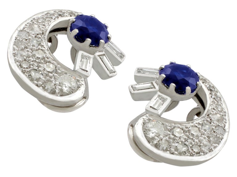 Antique 1.04 Carat Sapphire and 1.75 Carat Diamond White Gold Clip-on Earrings In Excellent Condition For Sale In Jesmond, Newcastle Upon Tyne