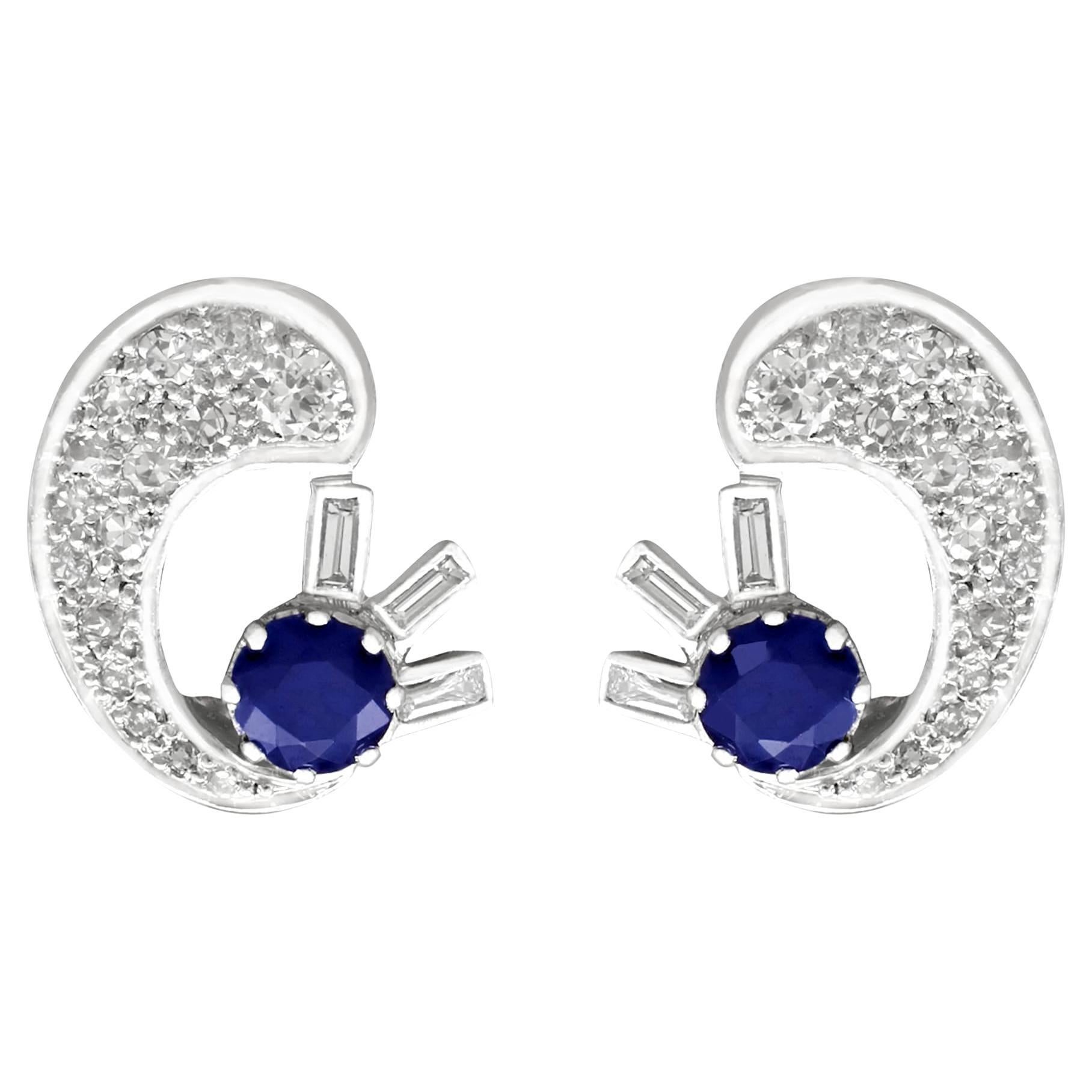 Antique 1.04 Carat Sapphire and 1.75 Carat Diamond White Gold Clip-on Earrings For Sale