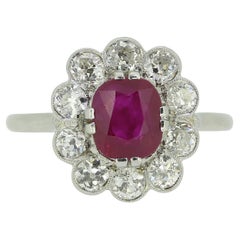 Antique 1.05 Carat Burmese Ruby and Diamond Cluster Ring