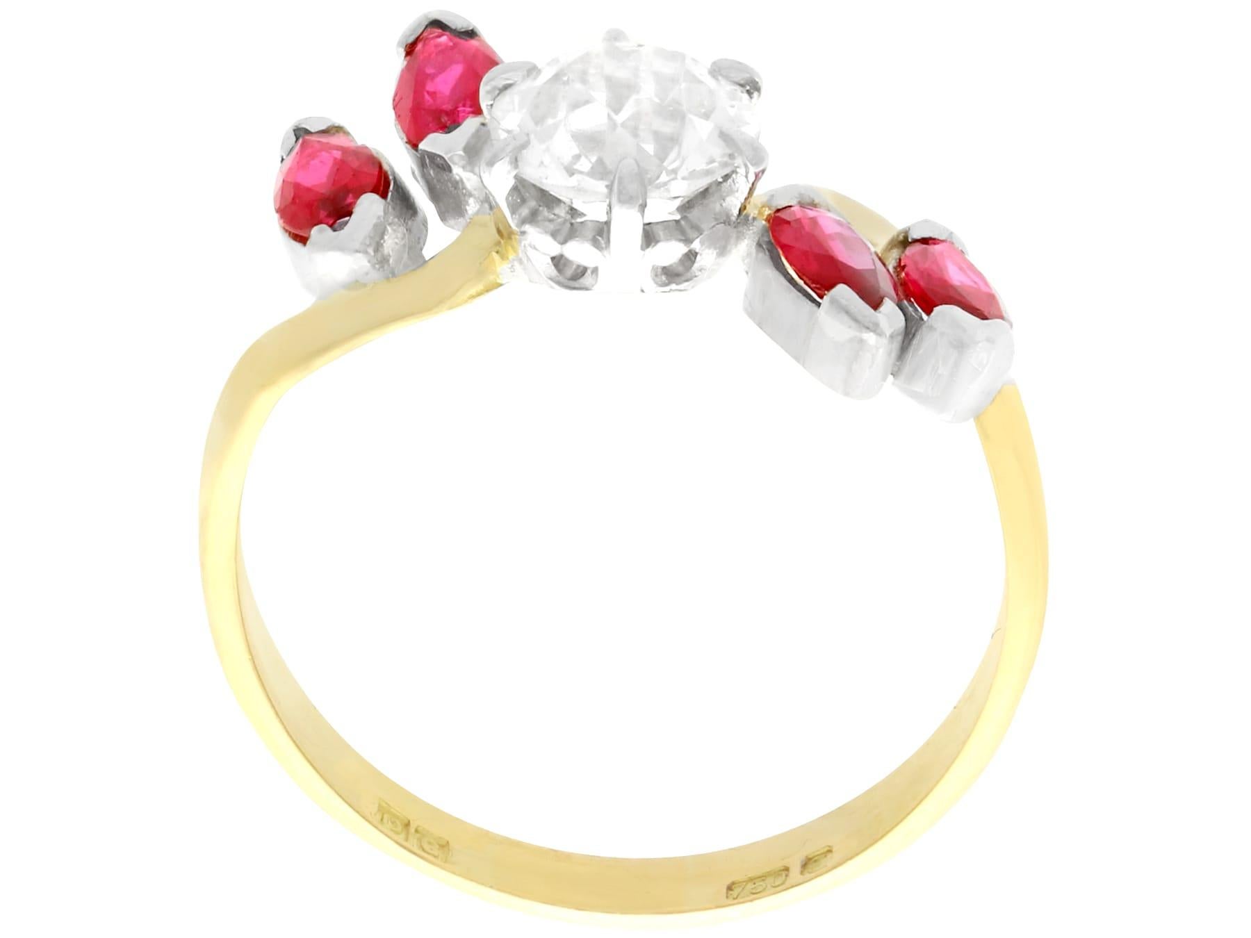 Women's Antique 1.05 Carat Diamond and Ruby Yellow Gold Cocktail Ring For Sale