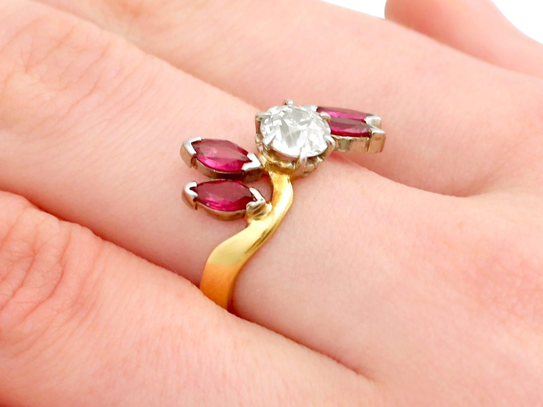 Antique 1.05 Carat Diamond and Ruby Yellow Gold Cocktail Ring For Sale 2