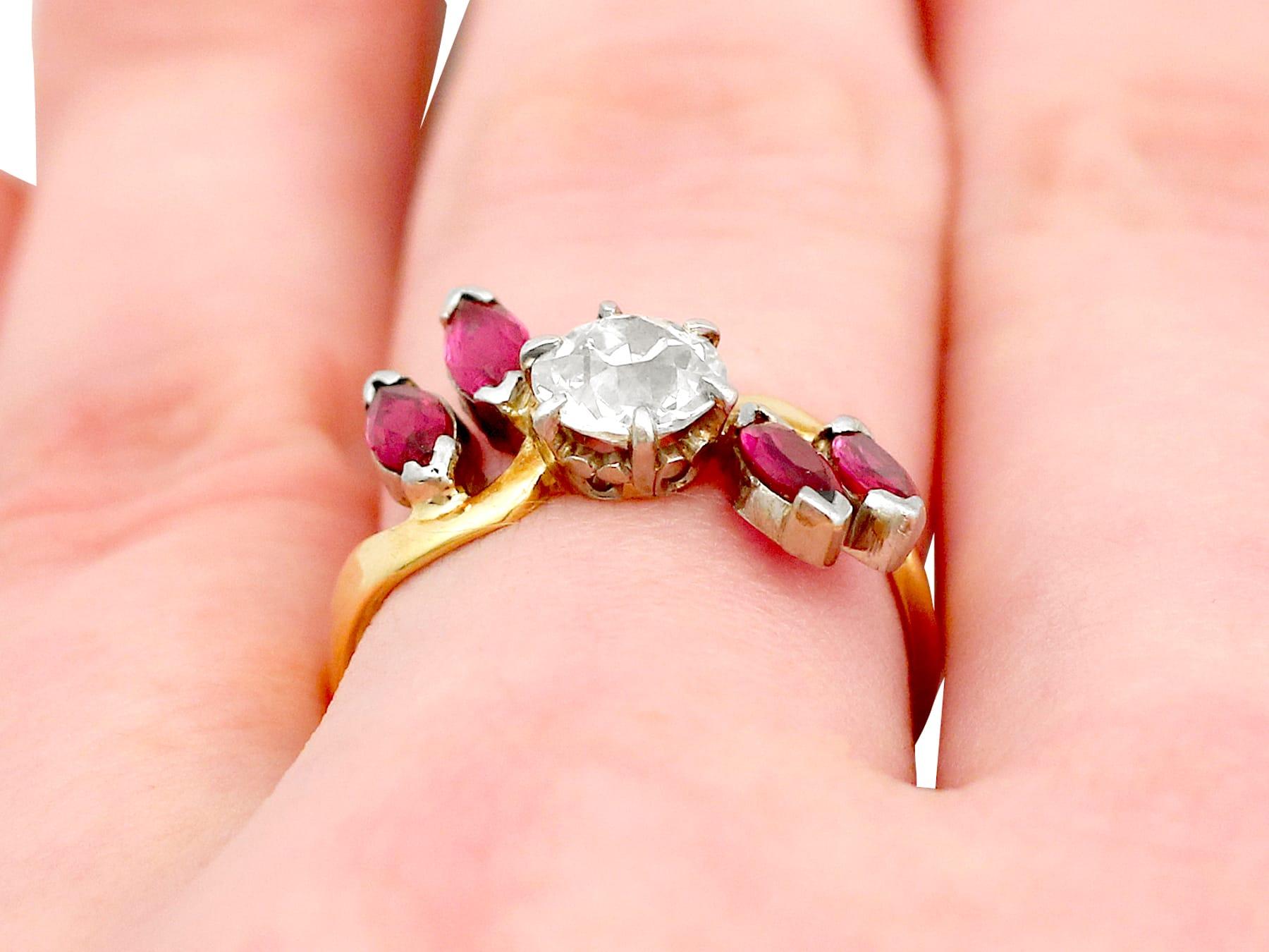 Antique 1.05 Carat Diamond and Ruby Yellow Gold Cocktail Ring For Sale 3