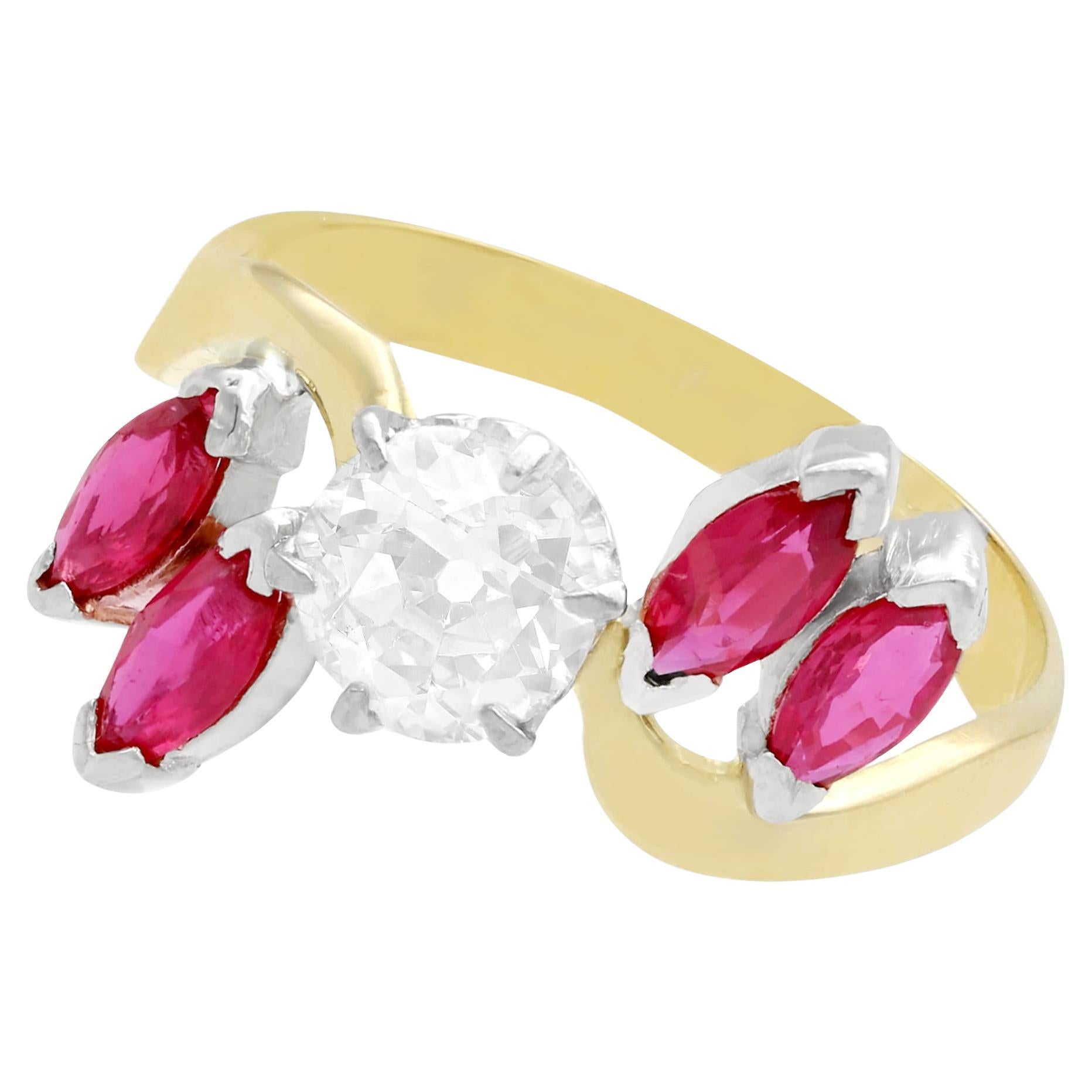 Antique 1.05 Carat Diamond and Ruby Yellow Gold Cocktail Ring For Sale